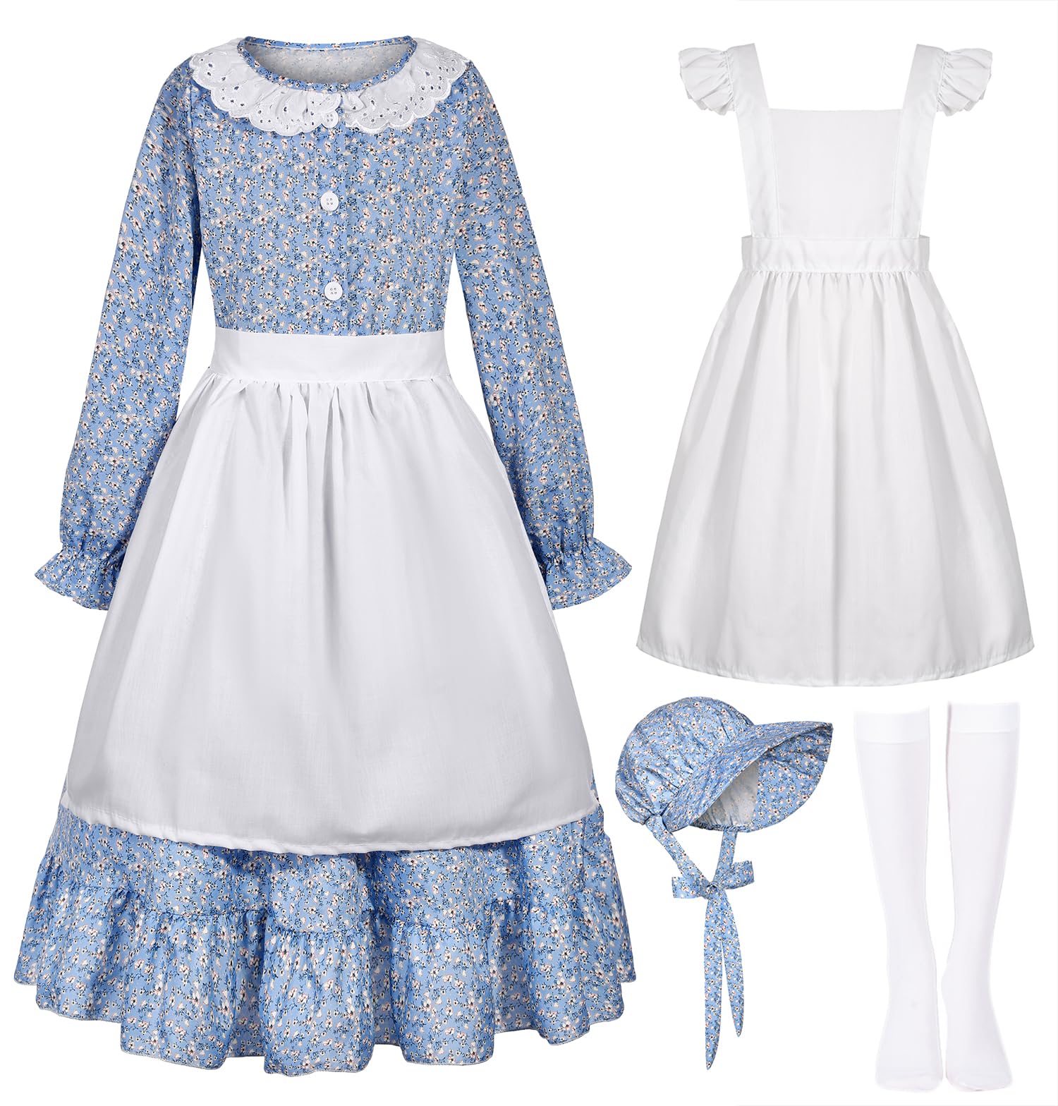 RKKVQP Pioneer Girl Costume Colonial Dress Kids Prairie Floral Village Girl Costumes 1800s Historical Pilgrim Maid Outfit