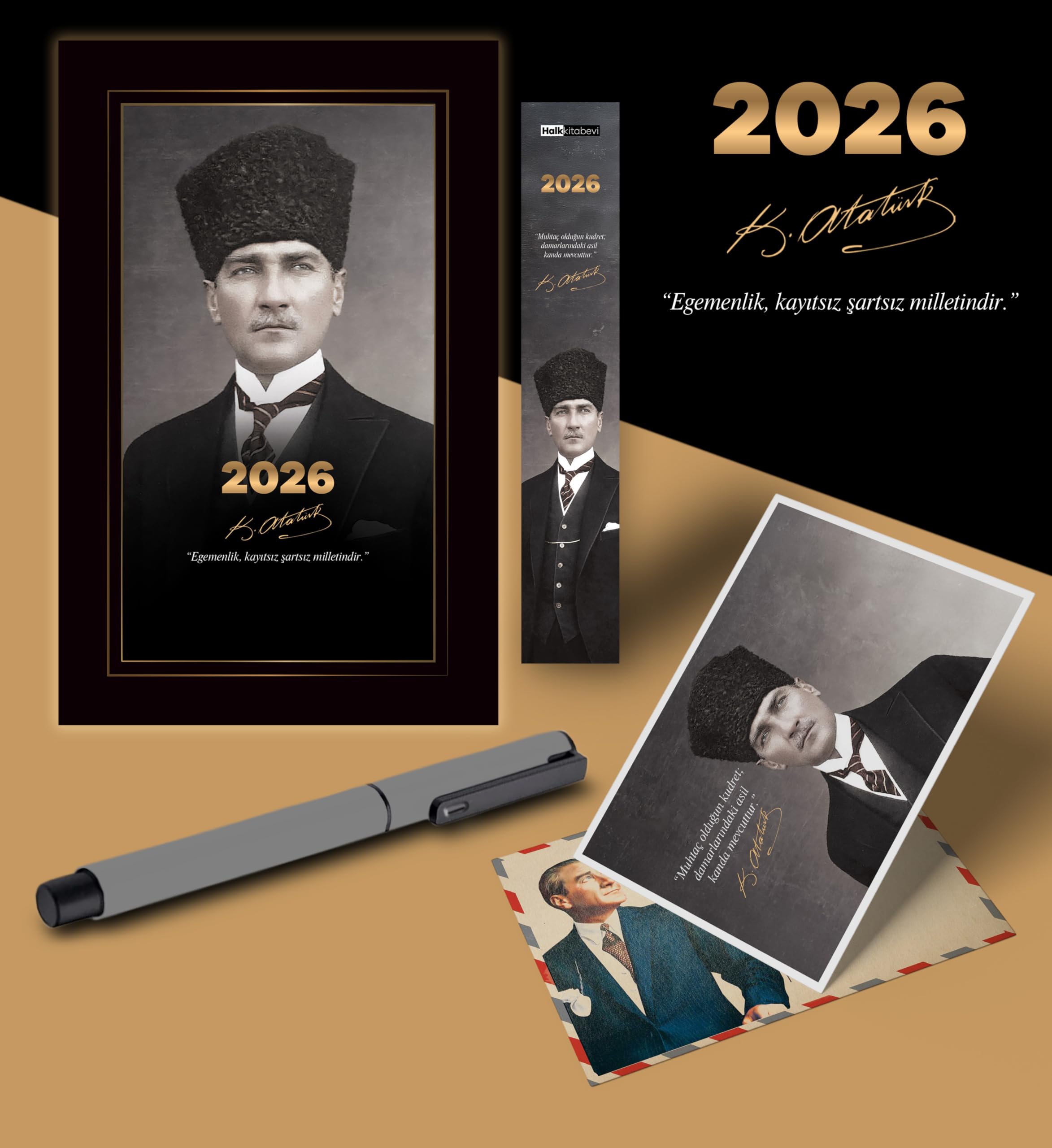 2026 Kalpaklı Atatürk Ajandası Ayraç Kartpostal Kalem - Gri