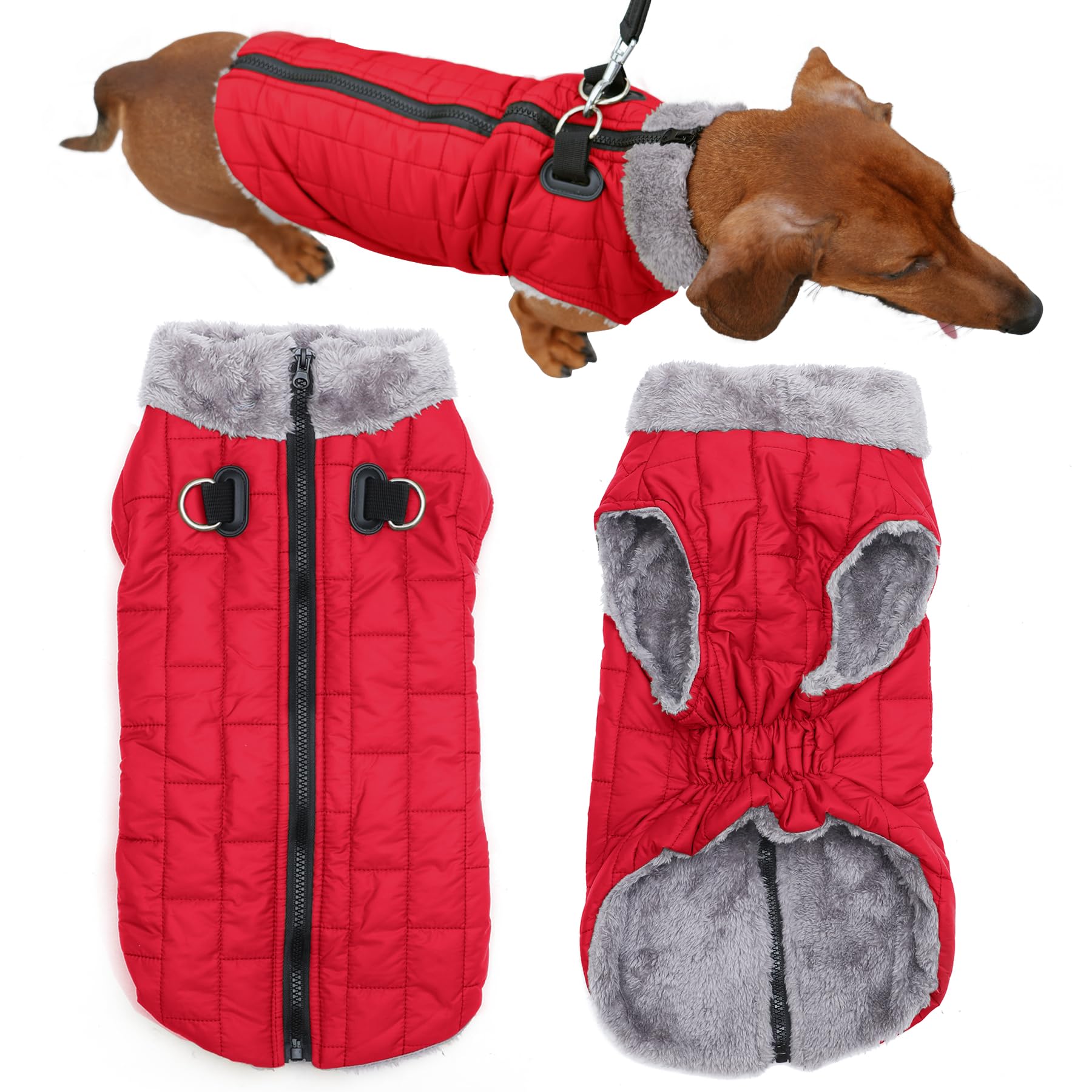 JoyDaog Cappottino per cani in caldo pile con imbracatura resistente Buitl con anello a D, giacca impermeabile per cuccioli di piccola taglia, gilet per cani per l'inverno freddo, rosso, S