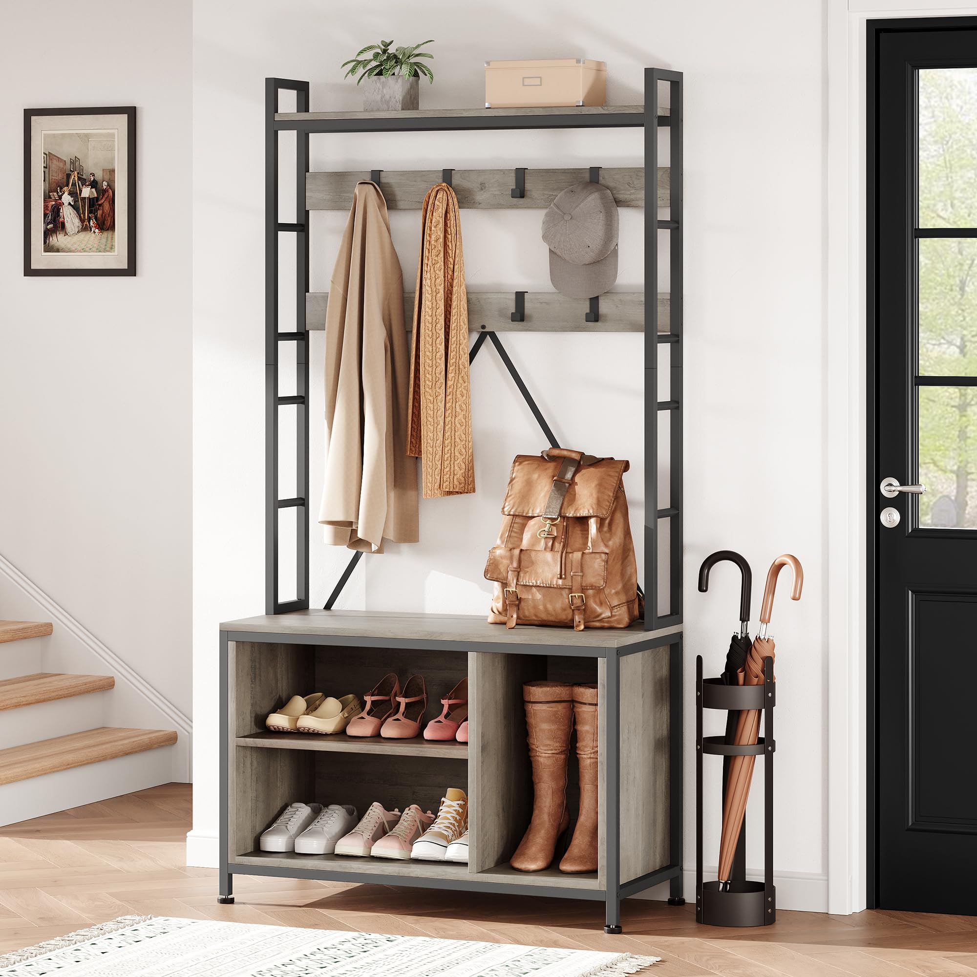 AffinityFurn Coat and Shoe Rack Stand, 3-in-1 Industrial Shoe Bench Storage Shelf with Storage Hooks & Shelves, Freestanding Hall Tree Organizer for Entryway, Bedroom, Hallway, 92.5x35x177.5cm, Grey