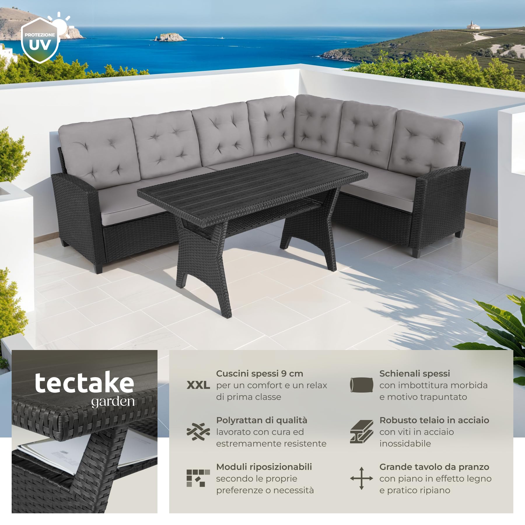Tectake Salottino in Rattan Catania Set Giardino con Tavolino Salotto 2 Sofà 1 Sofà Angolare Cuscini Idrorepellenti Resistente ai Raggi UV Nero