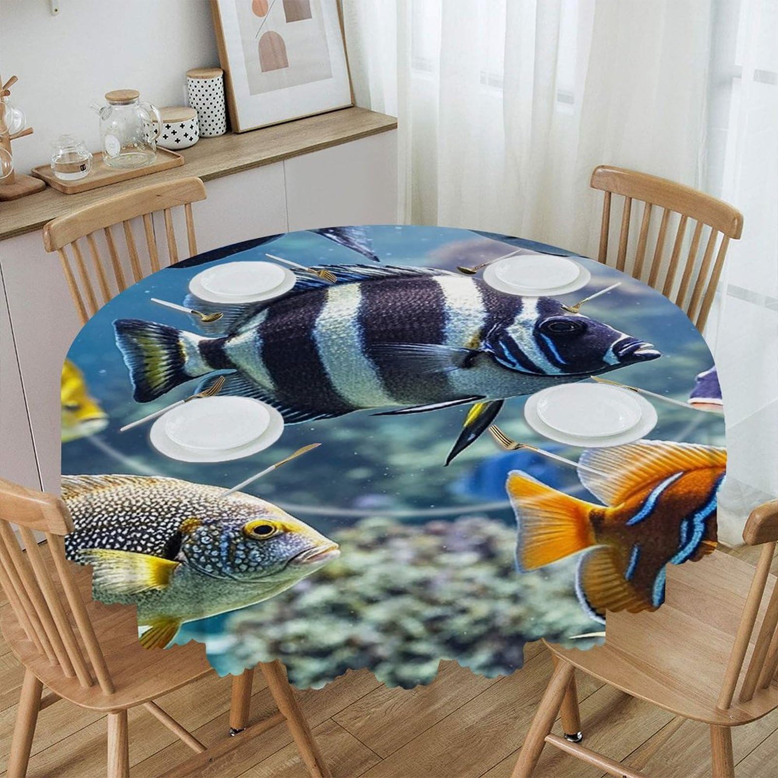 FekiLoot 60 Inch Round Different Fish Tablecloth Waterproof Heavy Duty Polyester Table Cloth Spill-Proof Wipeable Table Cover Decorative Circle Dining Tablecover for Party Outdoor