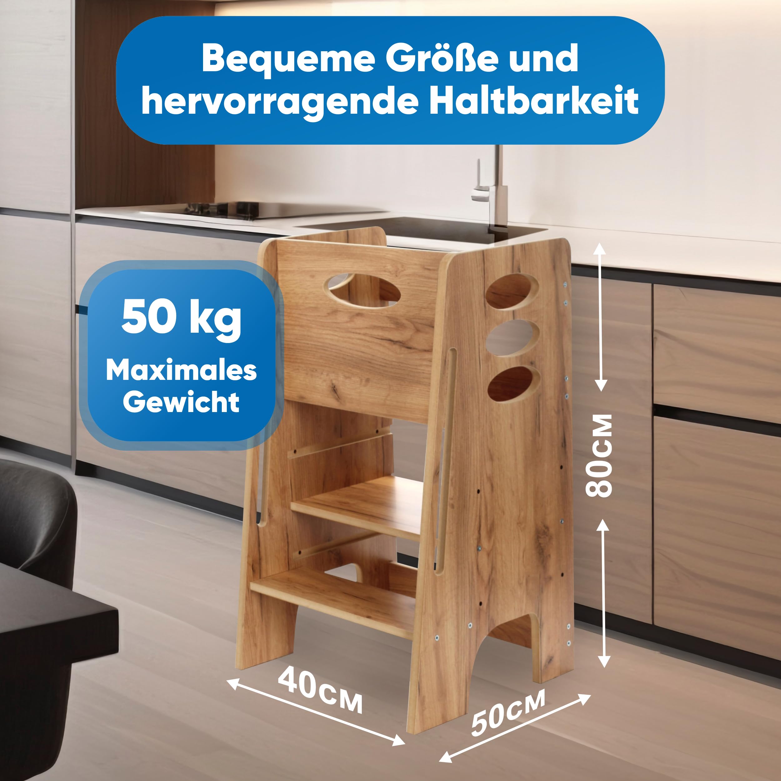 Kitchen Kids Helper Lernturm ab 1 Jahr - Höhenverstellbarer Lernturm Montessori Eiche 80cm - Sicherer Learning Tower für Kinder - Ideal für Küche & Bad - Stabile Konstruktion - Leichter Aufbau