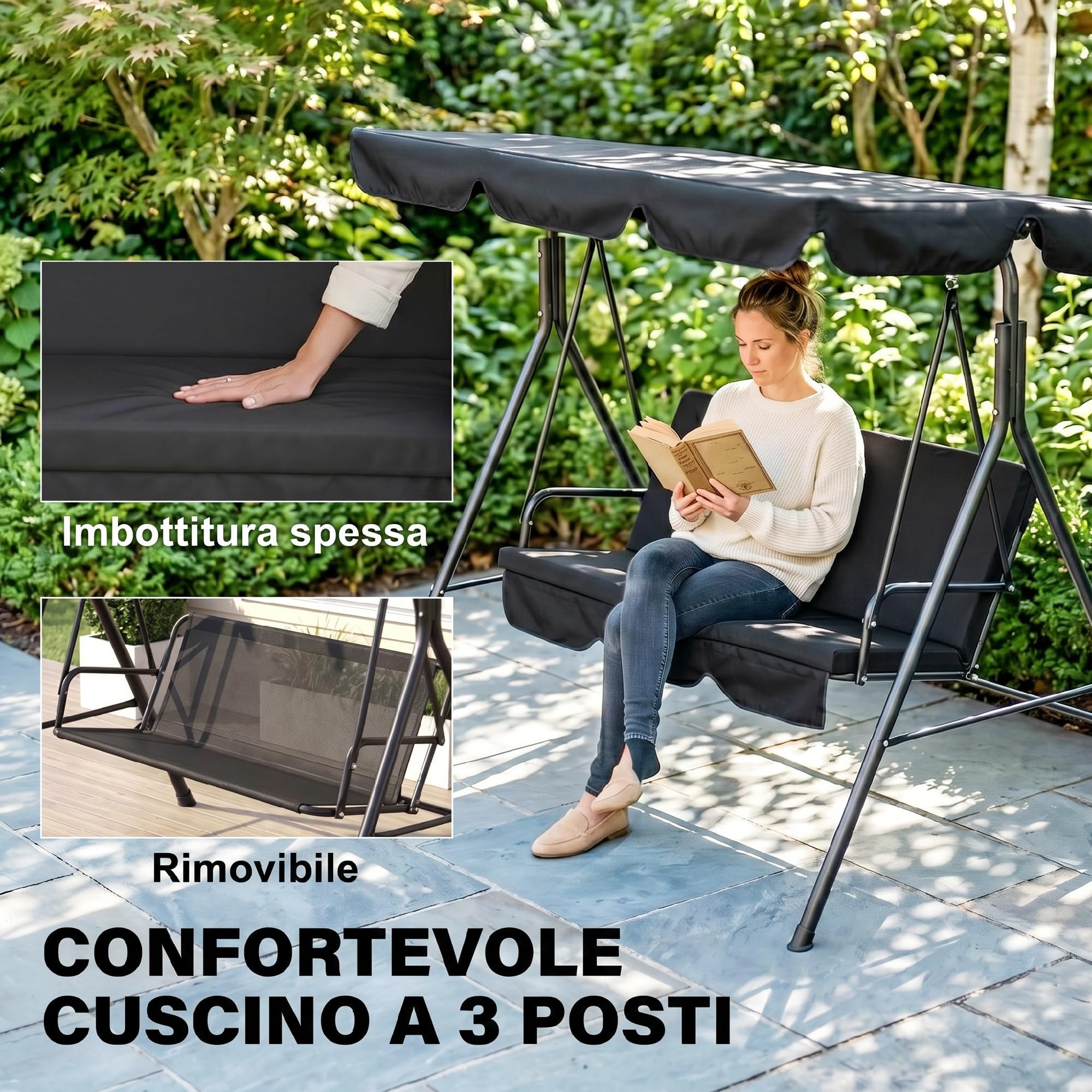 Outsunny Columpio de Jardín Exterior de 3 Plazas, Balancín de Jardín Exterior con Techo Ajustable y Marco de Acero, para Balcón, Terraza, Patio, Carga 200 kg, 172x110x153 cm, Negro
