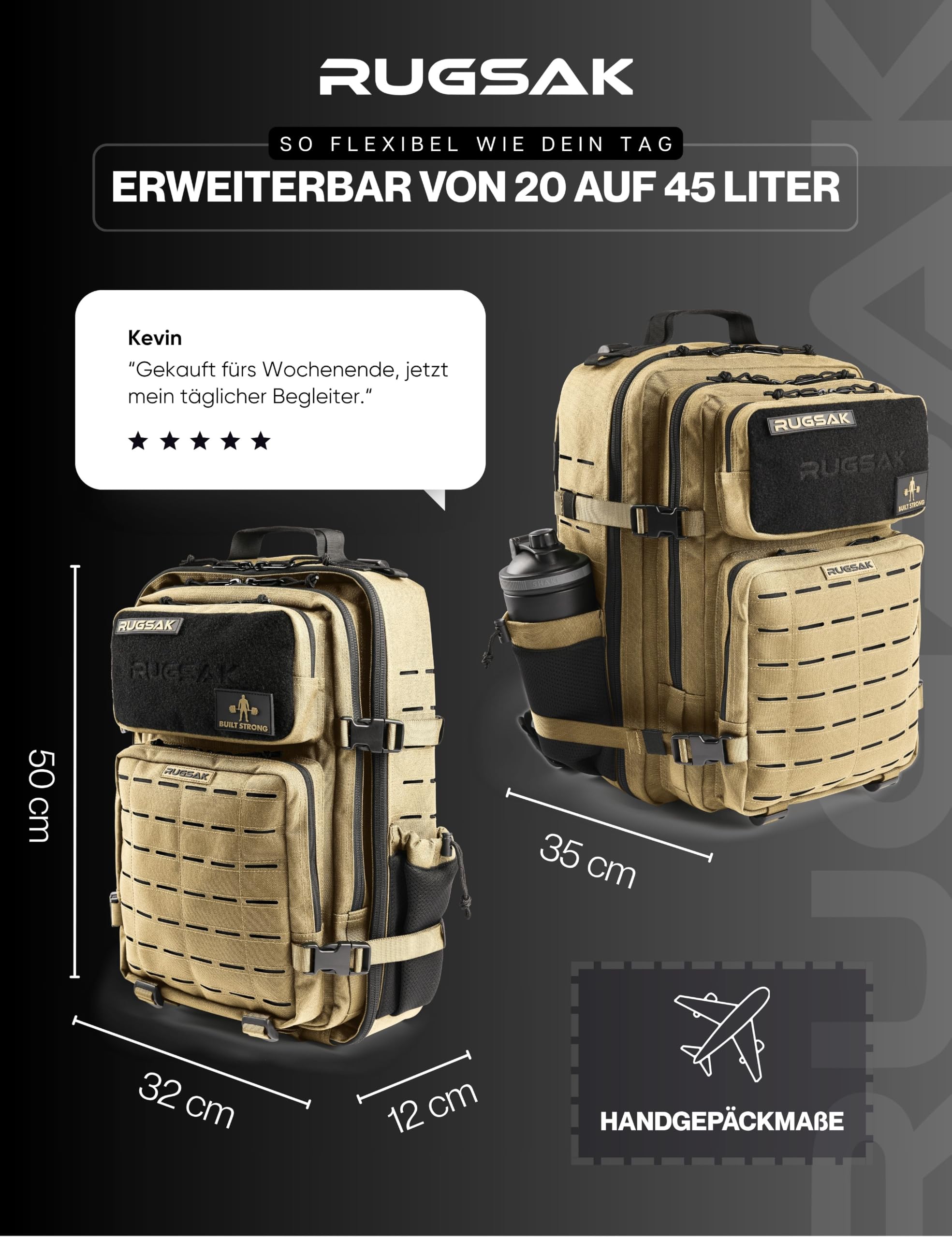 RUGSAK ALPHA | Taktischer Rucksack [20-45L] Wasserdicht & EXTREM Robust | Militär Survival Backpack | für Outdoor Arbeit Wandern Camping und Gym | Molle Reiserucksack Herren & Damen (Desert Sand)