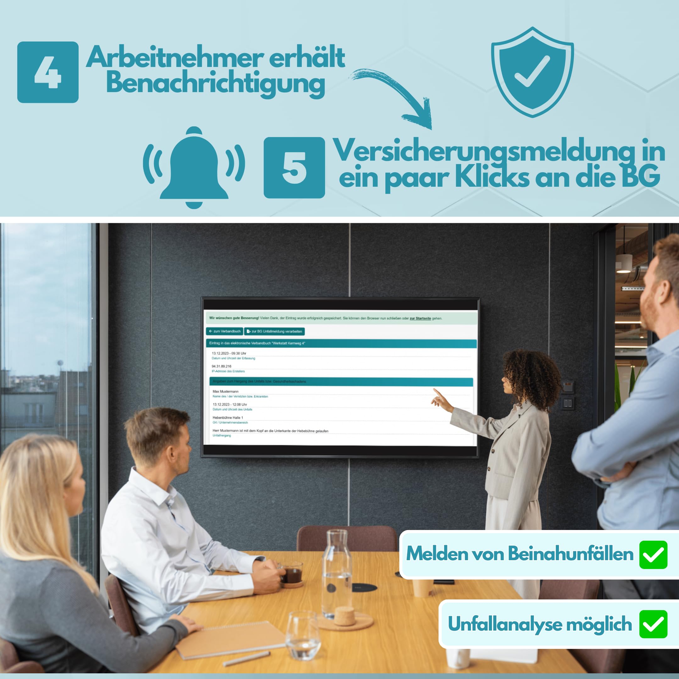 Digitales Verbandbuch für Betriebe als Web-App ✓ keine Installation, sofort loslegen ✓ DSGVO- und DGUV-konform ✓ Erste-Hilfe Dokumentation ohne Papierkram ✓ Überall abrufbar - Verbandsbuch Meldeblock
