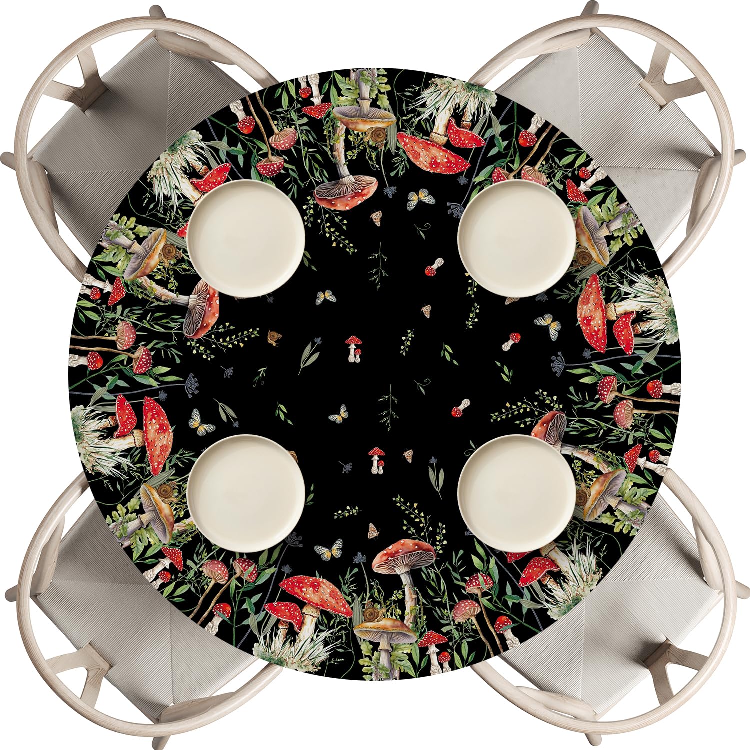 Horaldaily Regular Fitted Tablecloth 60 Inch Round, Red Mushrooms Wild Grass Washable Table Cover Elastic Edged for Dinning, Picnic, Camping, Banquet