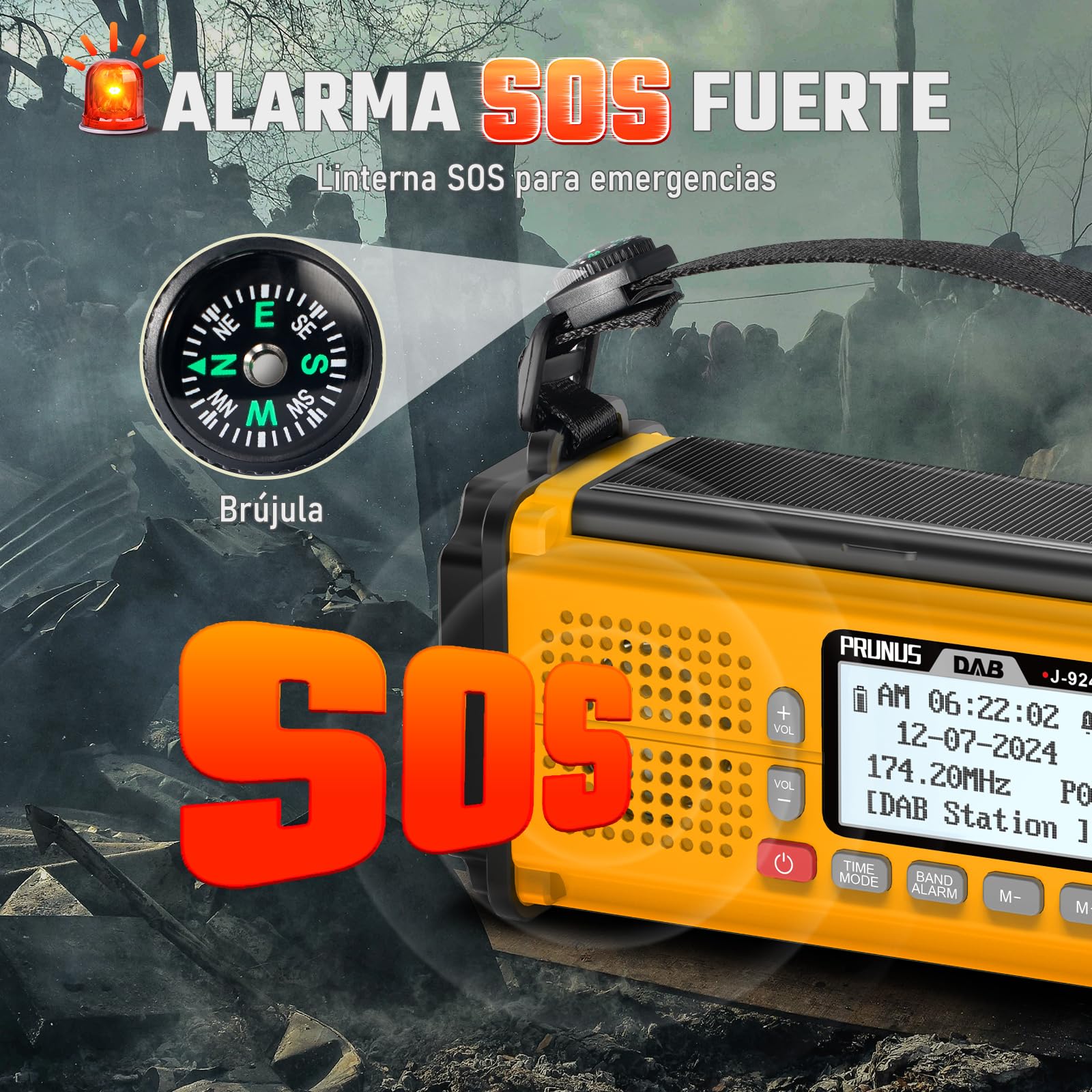 PRUNUS J-924 Dab/UKW Radio Digital con Función de Preselección, Radio Portatil Pequeña Recargable con Banco de Energía de 10000 mAh, Radio Solar y a Pilas, con Manivela,Linterna,SOS. (Amarillo)
