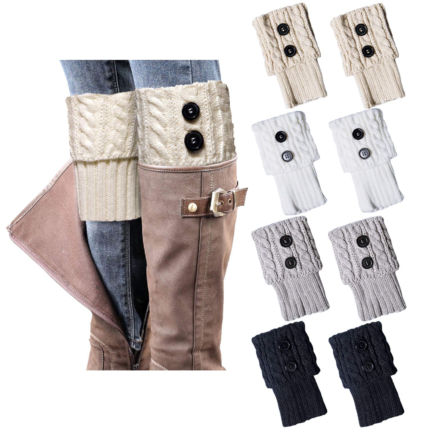 Loritta2-4 Pairs Womens Boot Socks Winter Warm Crochet Knitted Boot Cuffs Topper Socks Short Leg Warmers Gifts