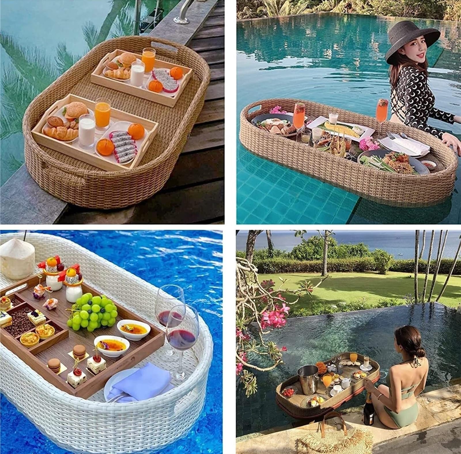 Portabicchieri per Piscina, Vassoio da Portata in Rattan Intrecciato Vassoio Galleggiante Tavolo da Bar Piscina per Servire Bevande Brunch Portabottiglie Galleggiante