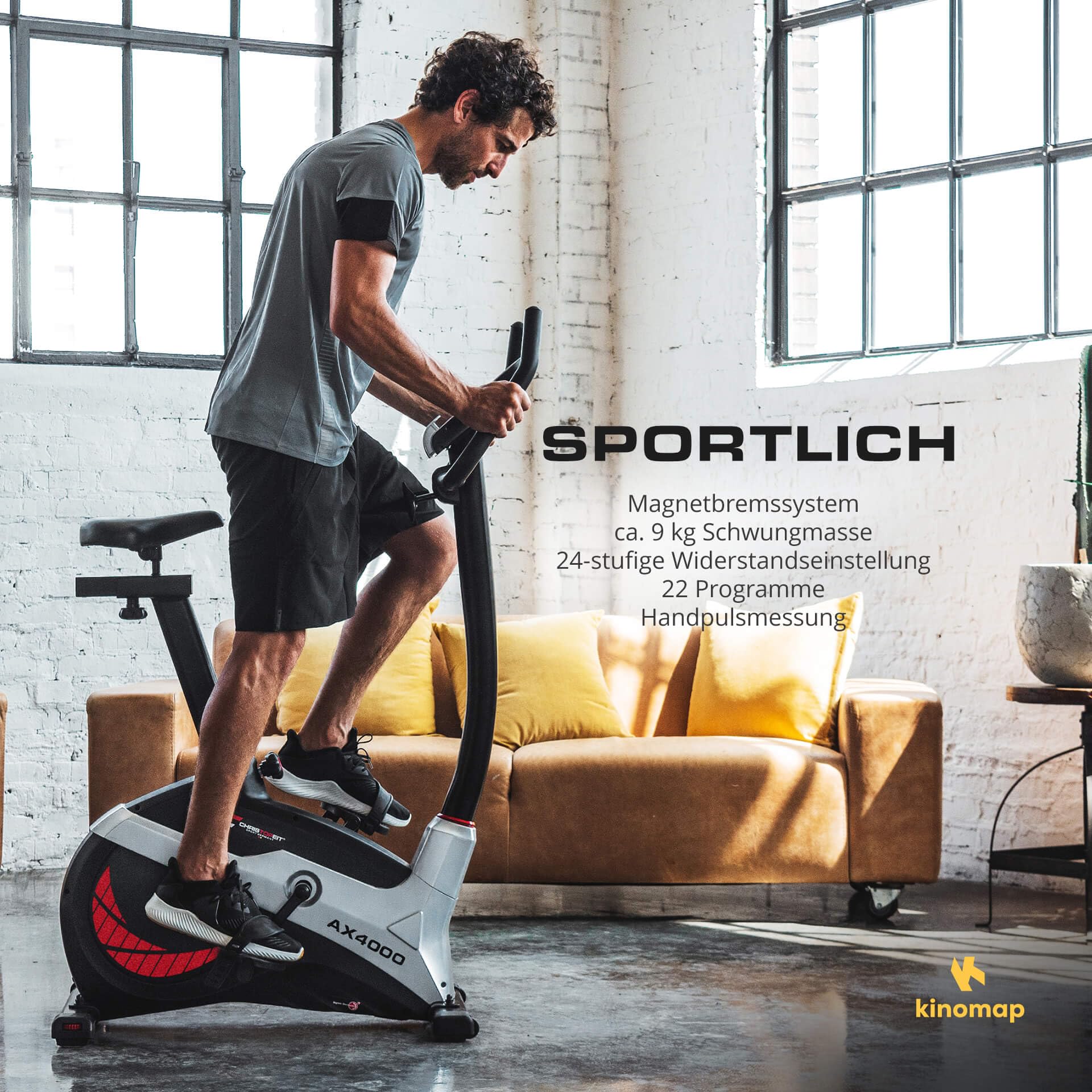 Christopeit Ergometer Heimtrainer AX 4000, 24 Widerstandsstufen, bis 150kg, 195cm Größe, verschleißfrei, Kinomap