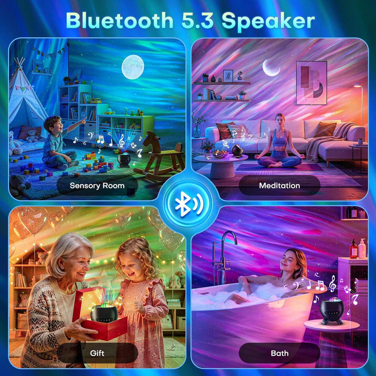 Projektor światła północnego, 300+tryby i 5 filmów Aurora, projektor światła 15 białego szumu i projektor galaktyki Bluetooth do sypialni, projektor gwiazd księżycowych, projektor światła