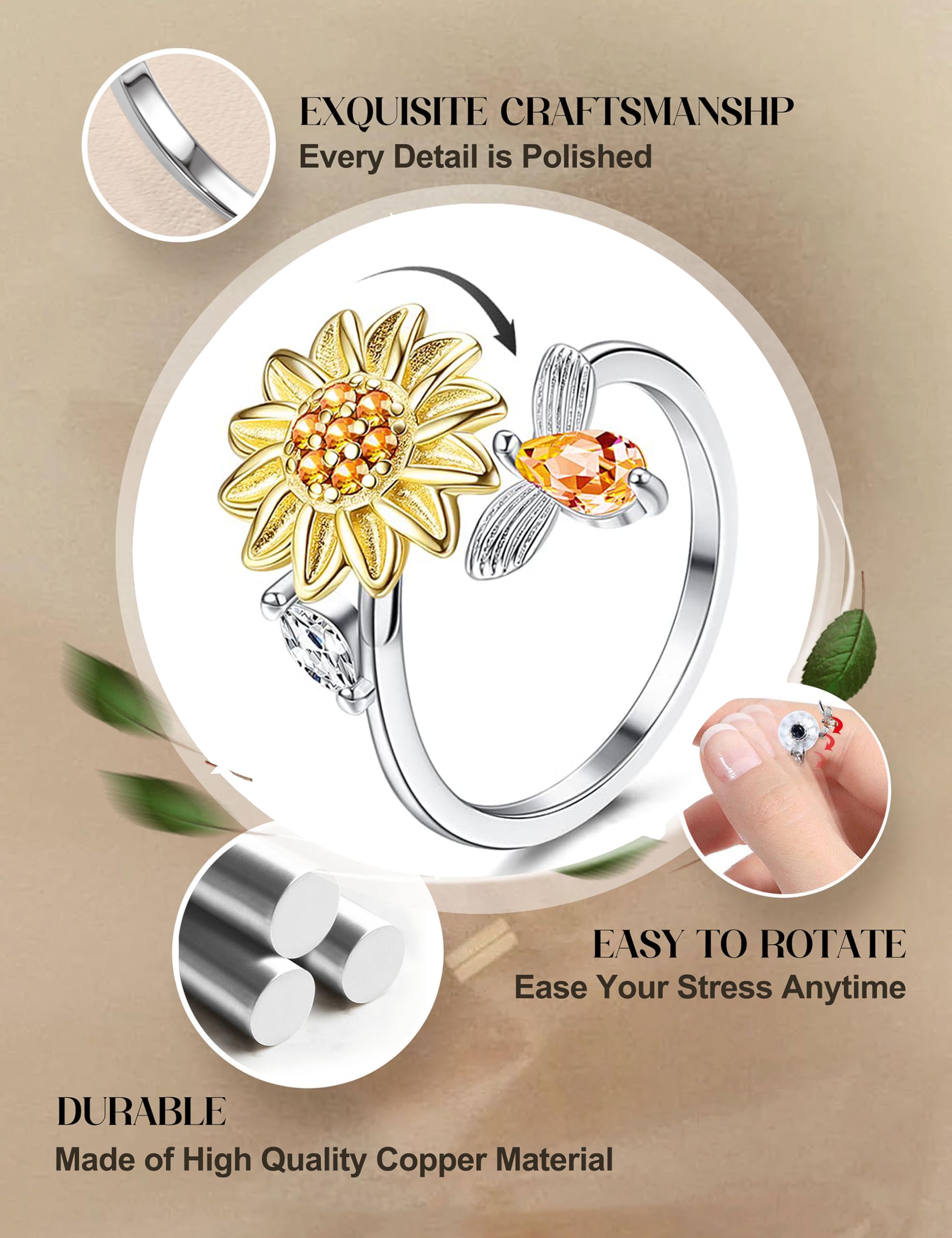Krfy Anxiety Ring Spinner Angst Ringe für Damen Silber Fidget Ringe Sonnenblumen Set Zirkonia Zappelringe,Verstellbar Stapelbare Anti Stress Ring für Damen Tochter Geburtstags-Party-Geschenkel