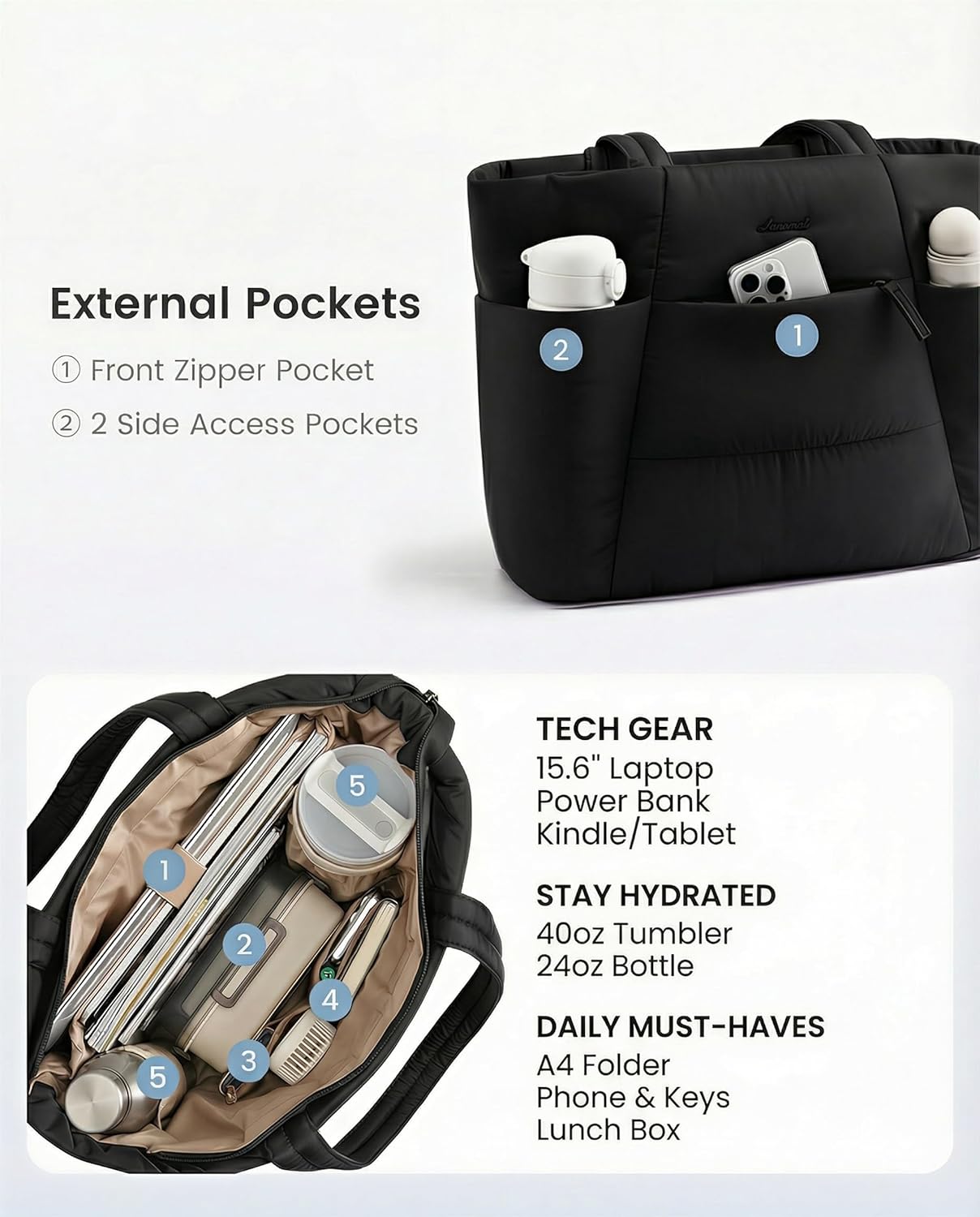 LOVEVOOK Puffer Tote Bag for Women,15.6in Laptop Work Tote with 40oz Cup Holder,Nurse Teacher Bag with Zip,10 Pockets