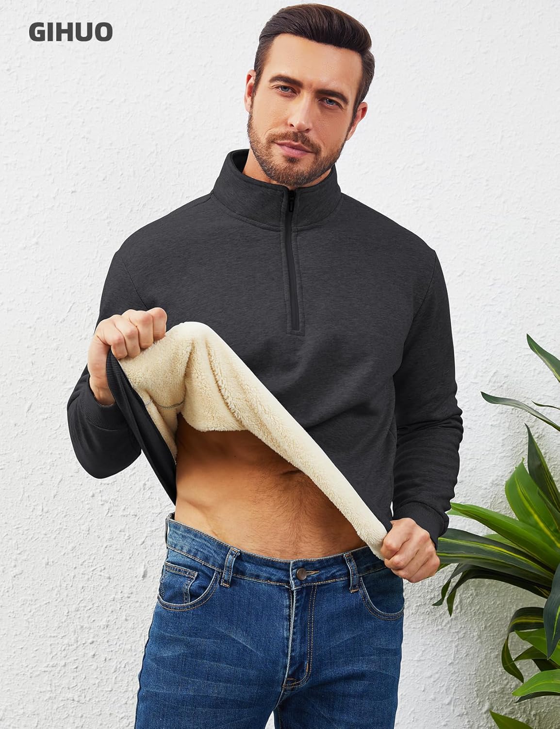 Gihuo Men's Quarter Zip Sweatshirts Winter Warm Sherpa Fleece Lined Pullover Sweatshirts - Image 2