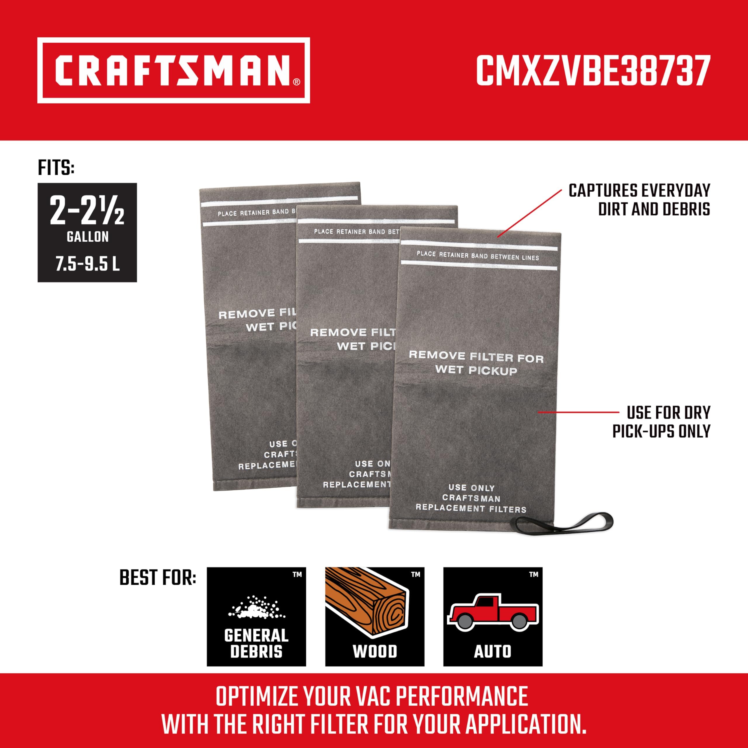 CRAFTSMAN 38737 Wet Dry Vac Filter Bags for 2 to 2.5 Gallon Shop Vacuums and Powerhead Bucket Vac, 3-Pack