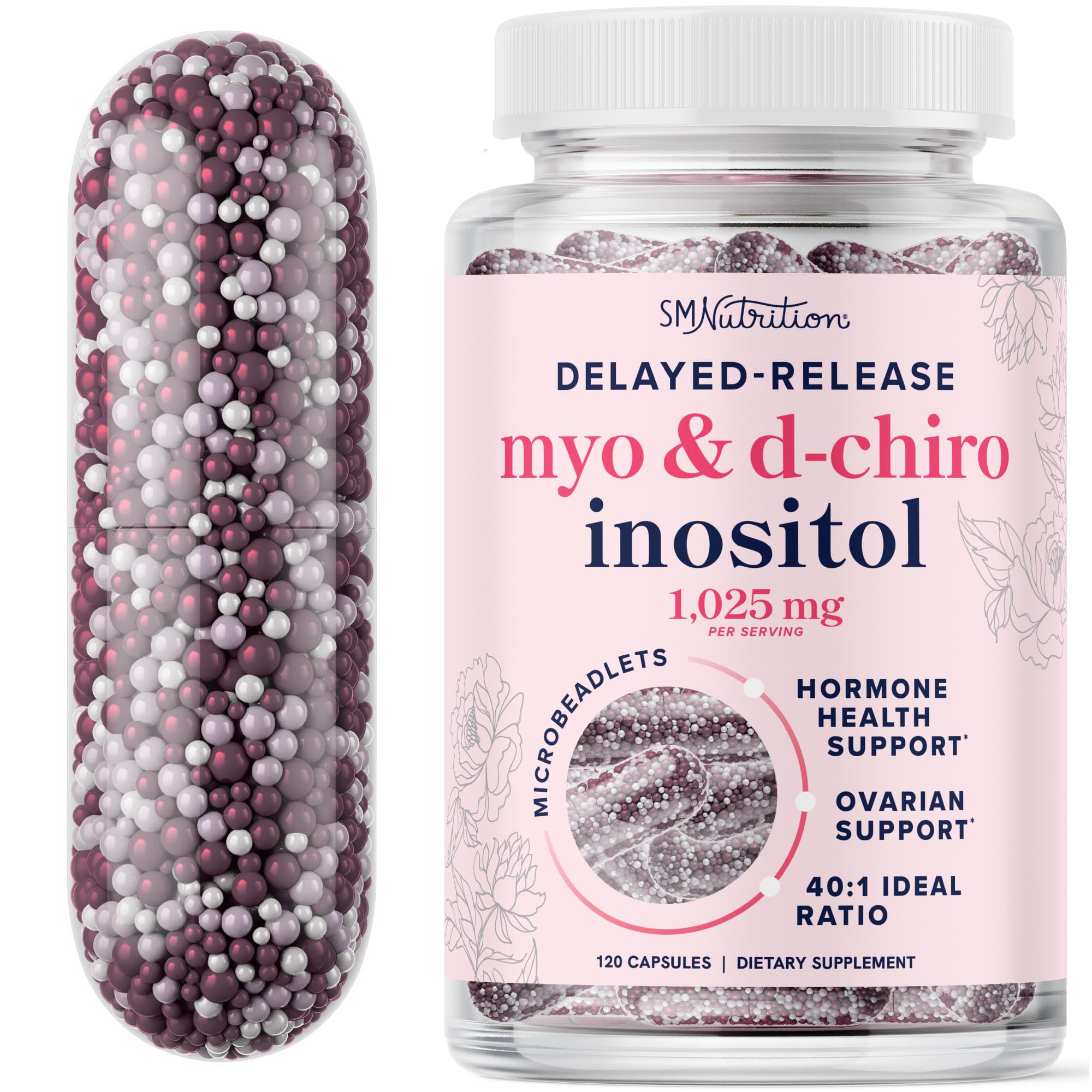 Myo-Inositol & D-Chiro Inositol for Hormone Balance for Women | Microbeadlets to Regulate Menstrual Cycle & Support Ovarian Health | 40:1 Ratio Myo & D Chiro | Non-GMO | 120 Ct (1 Month Supply)