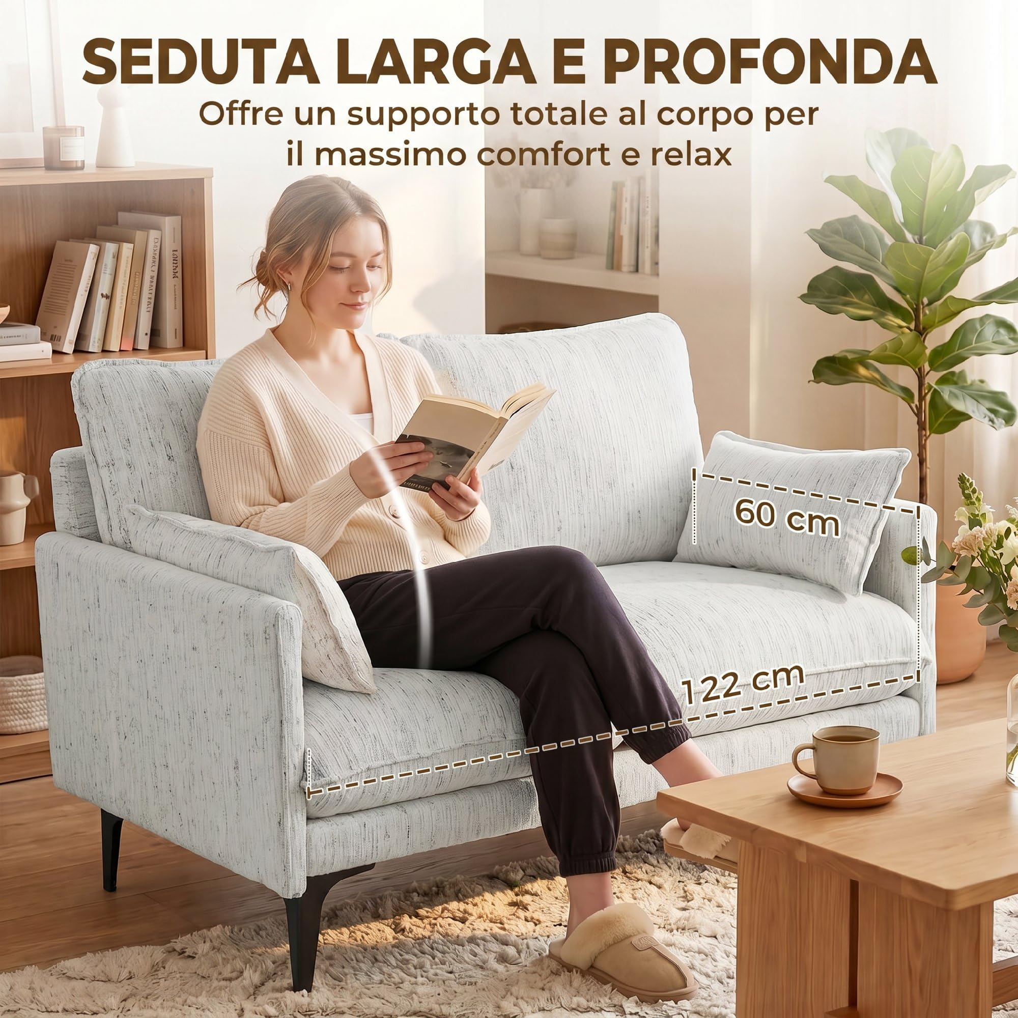 HOMCOM Divano 2 Posti Imbottito in Lino Traspirante con Filati Multicolore Delicati, Divanetto da Salotto con Imbottitura Spessa, Seduta Ampia Profonda, 2 Cuscini, Braccioli, 131x78x83 cm, Bianco