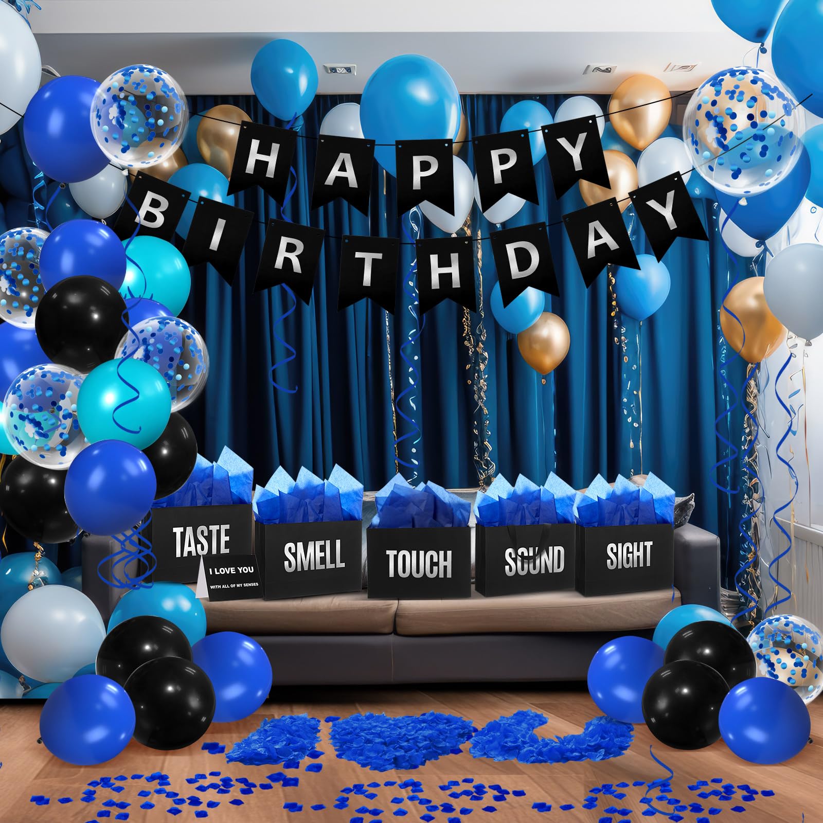 Soulchen 5 Senses Gift Bags for Him Her with Labels, Five Senses Gift Birthday Party Decoration Tissue Paper Handles, Comes with Rose Petals Banner Balloons for Party(Birthday,Blue Black)
