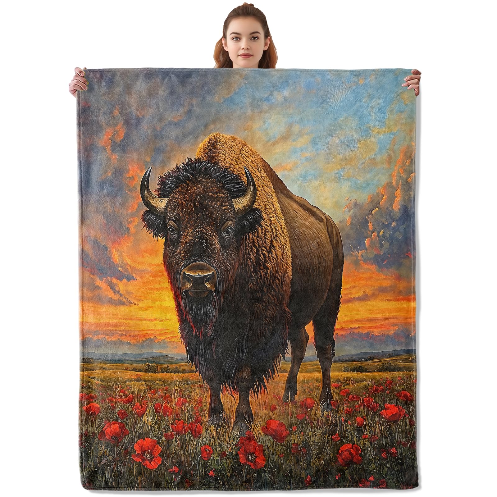 Kibue Majestic Bison Blanket - Soft & Lightweight Cozy Flannel Throw Blanket - Plush Warm Blankets for Sofa, Travel, Bedroom, Office, Home Decor -
