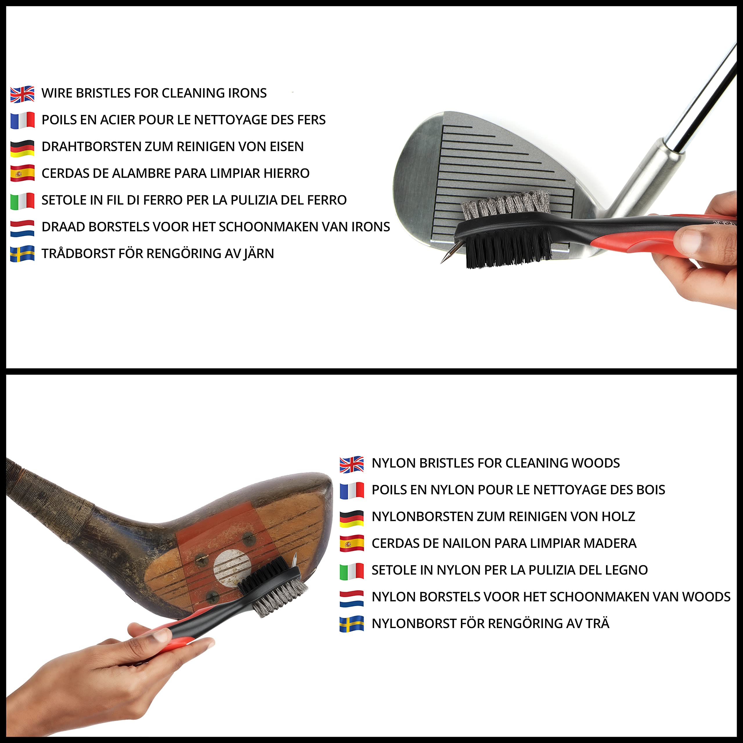 K&V Golf Cepillo Limpiar Palos de Golf y Hoyuelos - Cepillo de Dos Lados Nailon y Acero con Clip