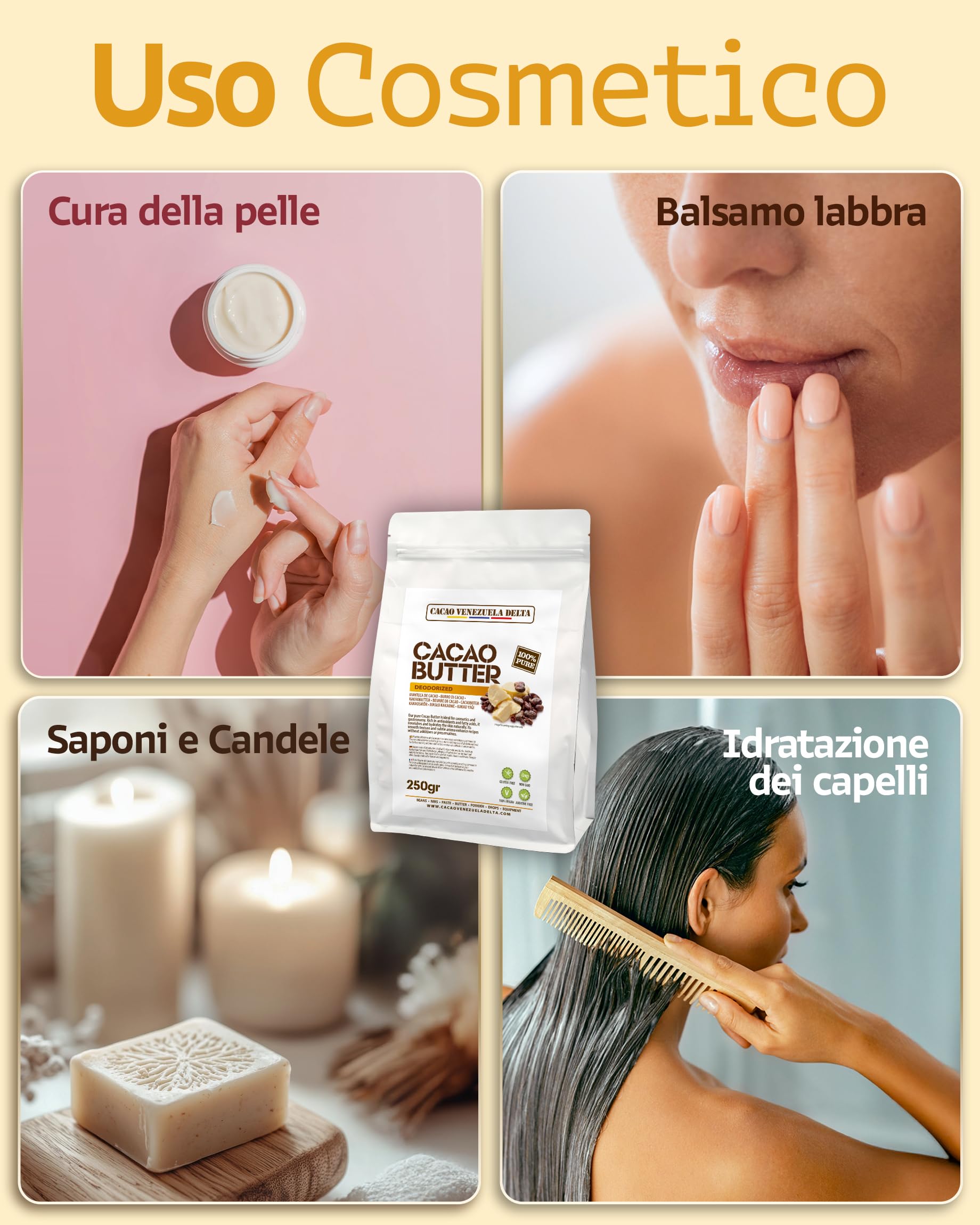Cacao V Delta Burro Di Cacao Deodorato Alimentare e per Cosmesi 250g - Puro, Non Raffinato - Cheto, Paleo, Vegano, Senza Glutine - Per Dolci e Cioccolato - Antiossidanti, Acidi Essenziali