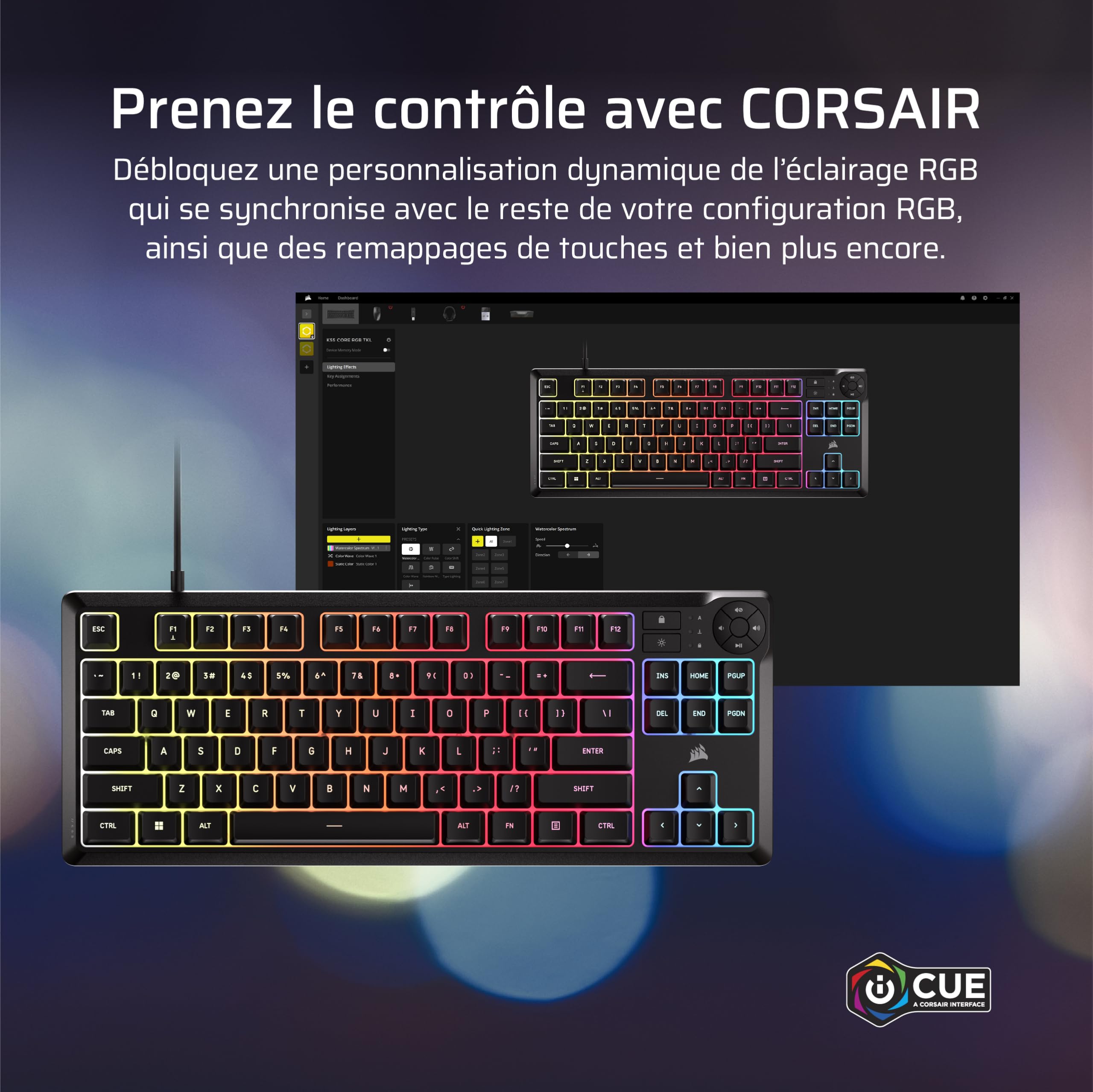 Corsair K55 Core TKL Clavier Gaming RGB (AZERTY FR) – Noir | Tenkeyless, 8 Zones RGB, Touches Silencieuses à Membrane, Résistant aux Éclaboussures, Touches Multimédia, 1000Hz