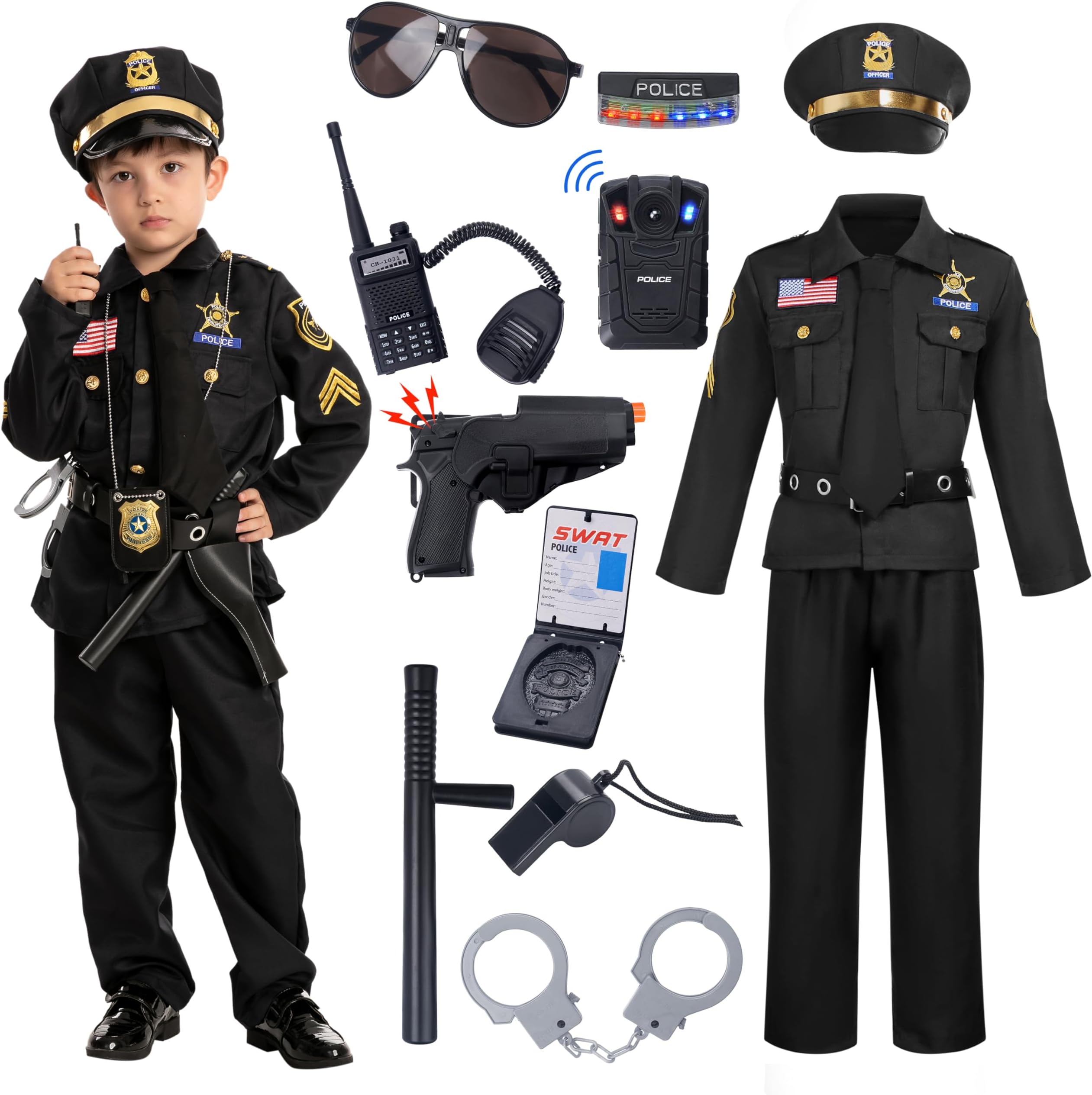 14PCS Halloween Police Costume for Kids, Police Officer Costume for Boys, Toddler RolePlay Party
