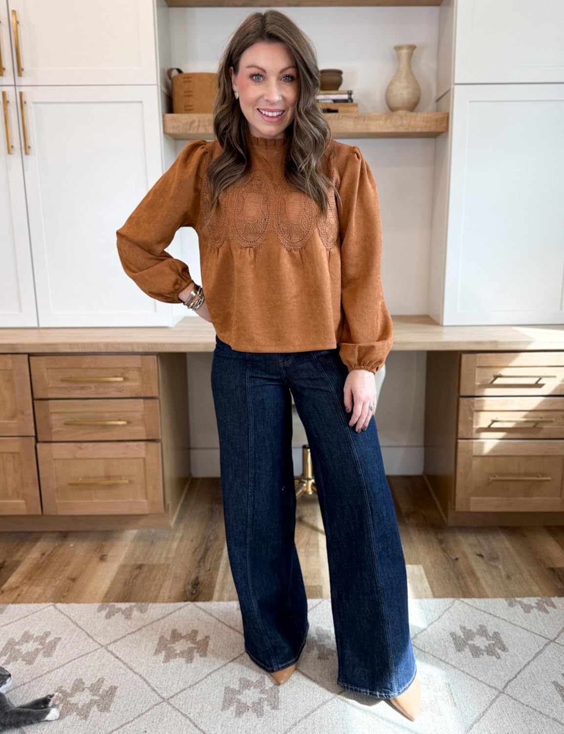 Women's Faux Suede Lace Poplin Mesh Peplum Babydoll Tops Long Puff Sleeves Crew Neck Flared Swing Blouse Shirts - Image 3