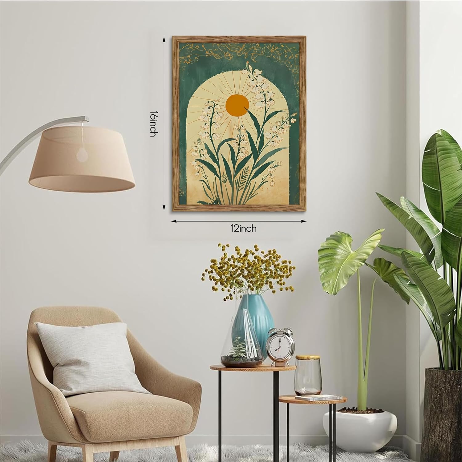 Framed Boho Wall Art, Lily of the Valley Emerald Green Sun Canvas, Mystical Country Botanical Wall Decor, Spiritual Flowers Poster Pictures Print for Bedroom Living Room – 12x16 inch