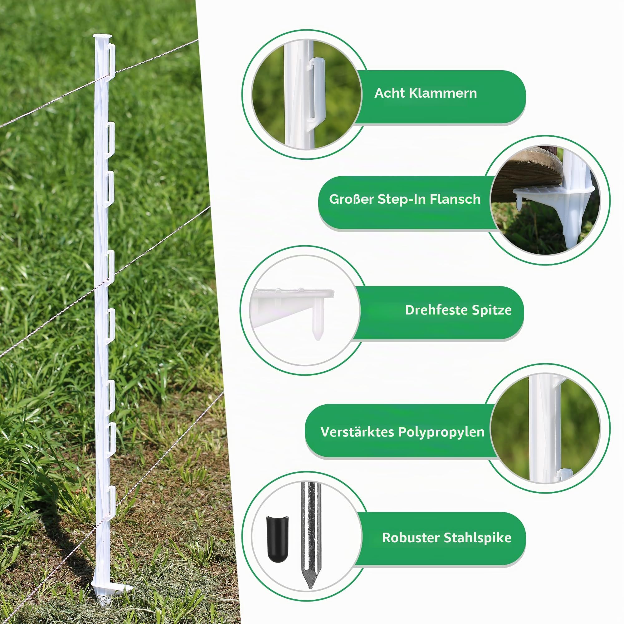50 Stück Weidezaunpfähle Kunststoff, Höhe 122cm, Einzeltritt, Zaunpfosten mit Ösen für Bänder, Seile, Litzen oder Drähte, Ideal für Elektrozaun, Weiß | Einzeltritt · Für Bänder, Seile, Litzen & Drähte · Robuste Konstruktion · Ideal für Elektrozaun