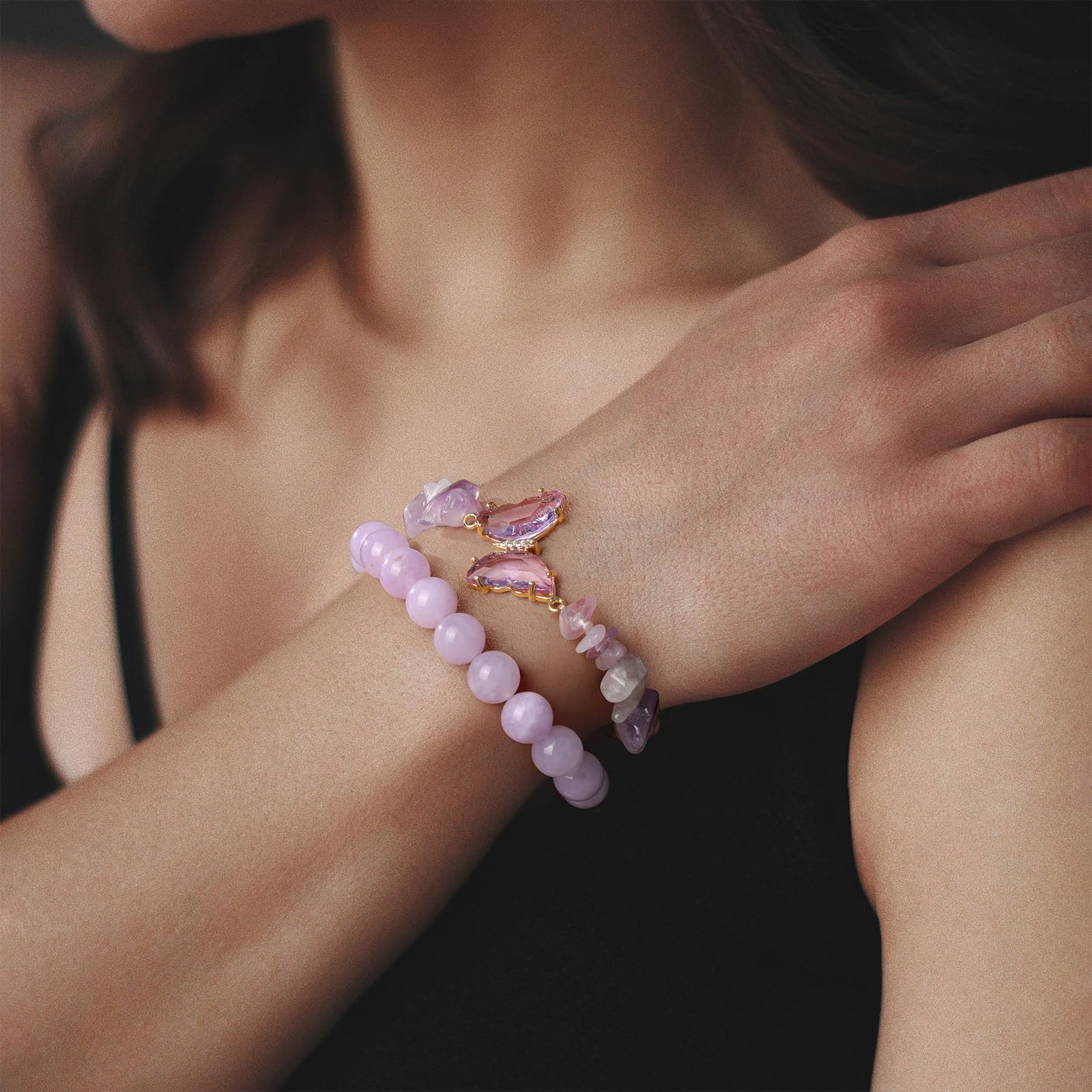 Braccialetto di Ametista per Donna, Braccialetti Anti-ansia con Perline di Ametista, ciondoli a Farfalla, Braccialetti a Strati di Pietre per Donna