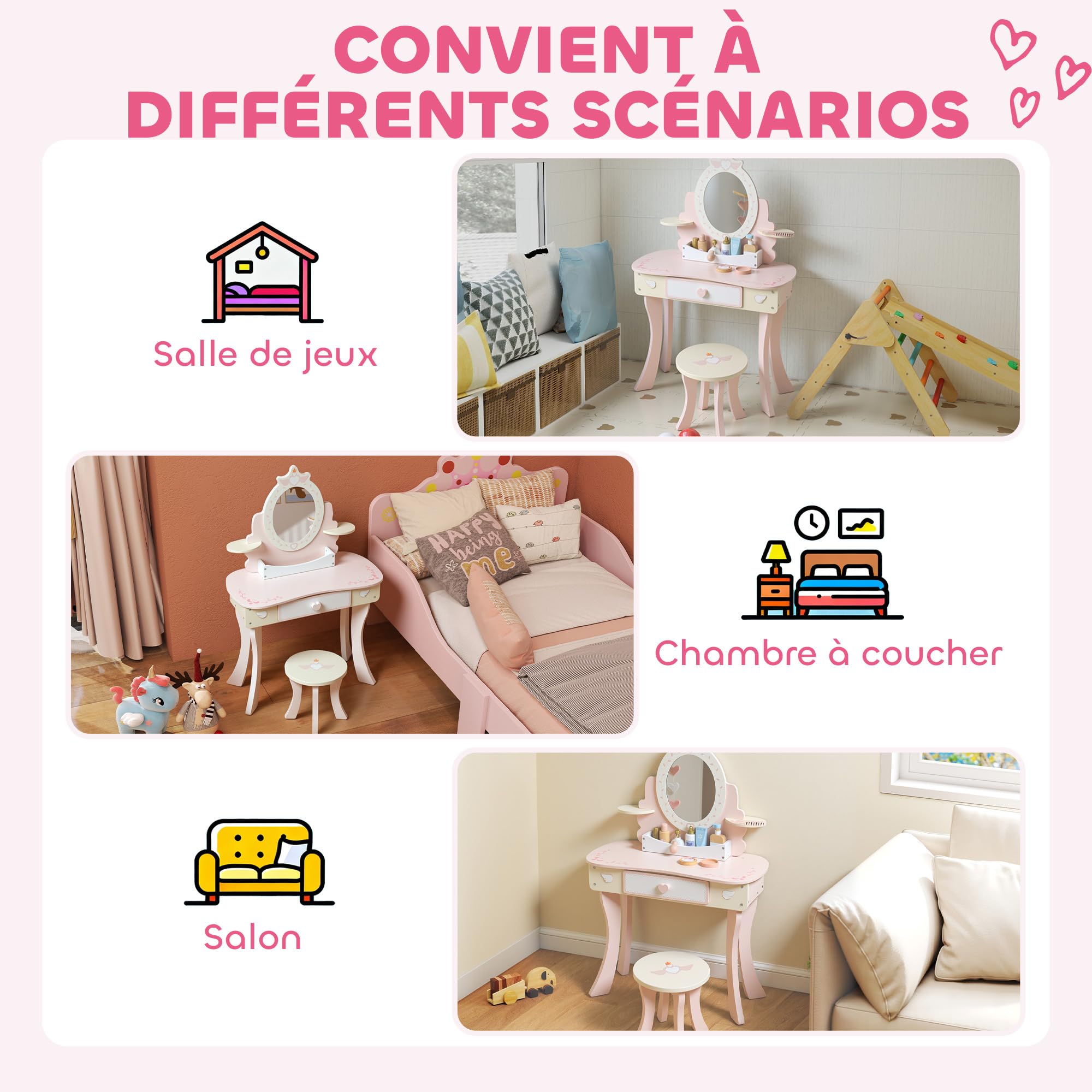 AIYAPLAY Coiffeuse Enfant Fille 2 en 1 avec 7 Accessoires de Jeu, Table de Maquillage avec Miroir en Acrylique, Tabouret, tiroir et Compartiment Ouvert, 59,8 x 29,6 x 89,8 cm, Rose