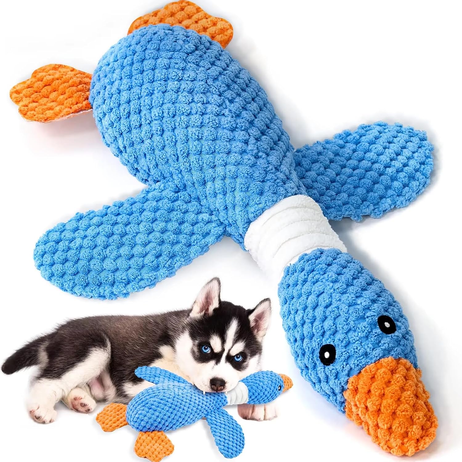 Squeaky Duck Dog Toy with Crinkle Wings, Durable Plush Chew Toy for Aggressive Chewers, Super Fun Pet Toy for Large and Small Dogs, Keeps Them Busy, Blue