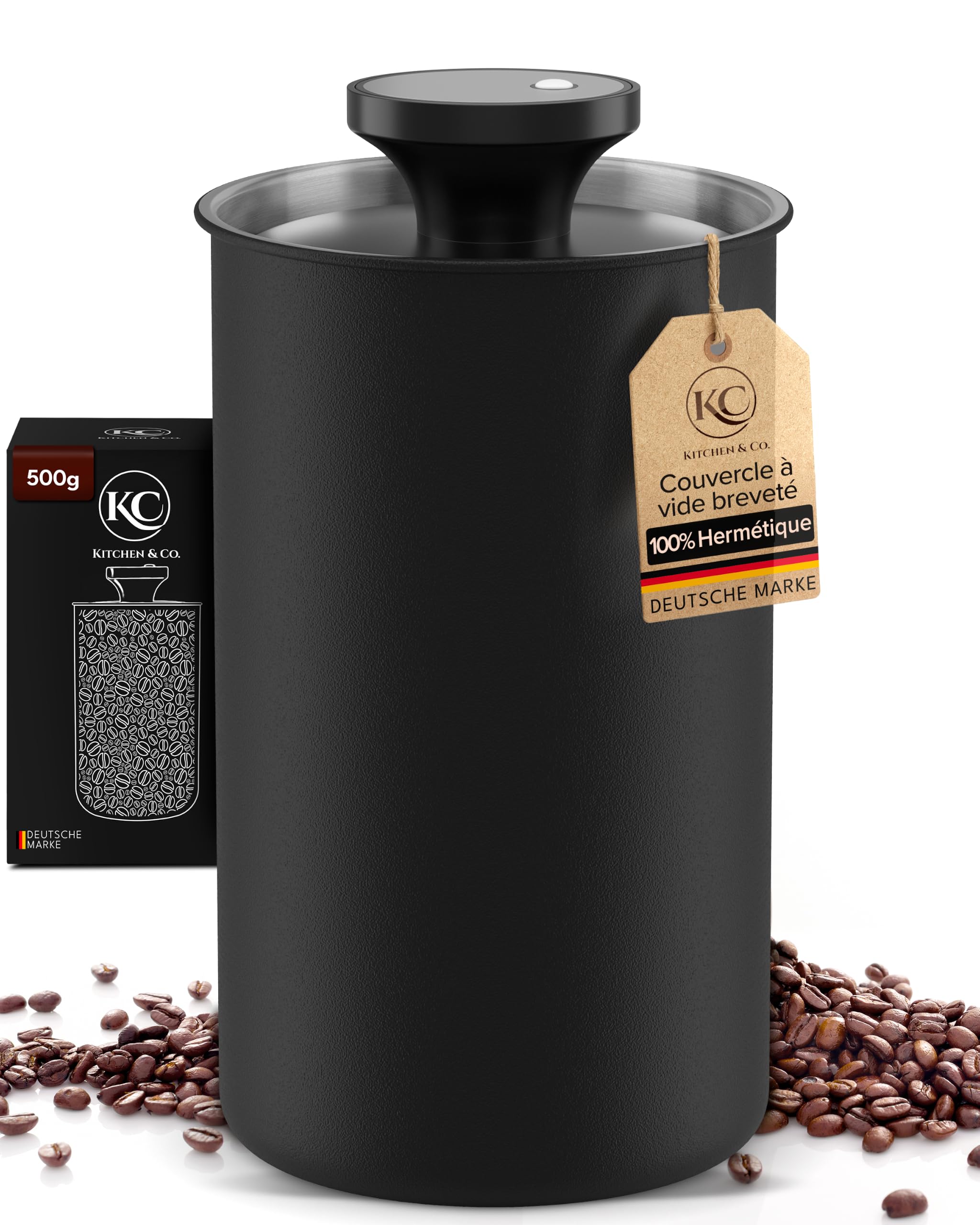 KC Kitchen & Co. Boîte à café hermétique pour 500 g de grains de café, en acier inoxydable, avec couvercle sous vide et fermeture aromatique, boîte de rangement pour café, thé, sucre, céréales, noir