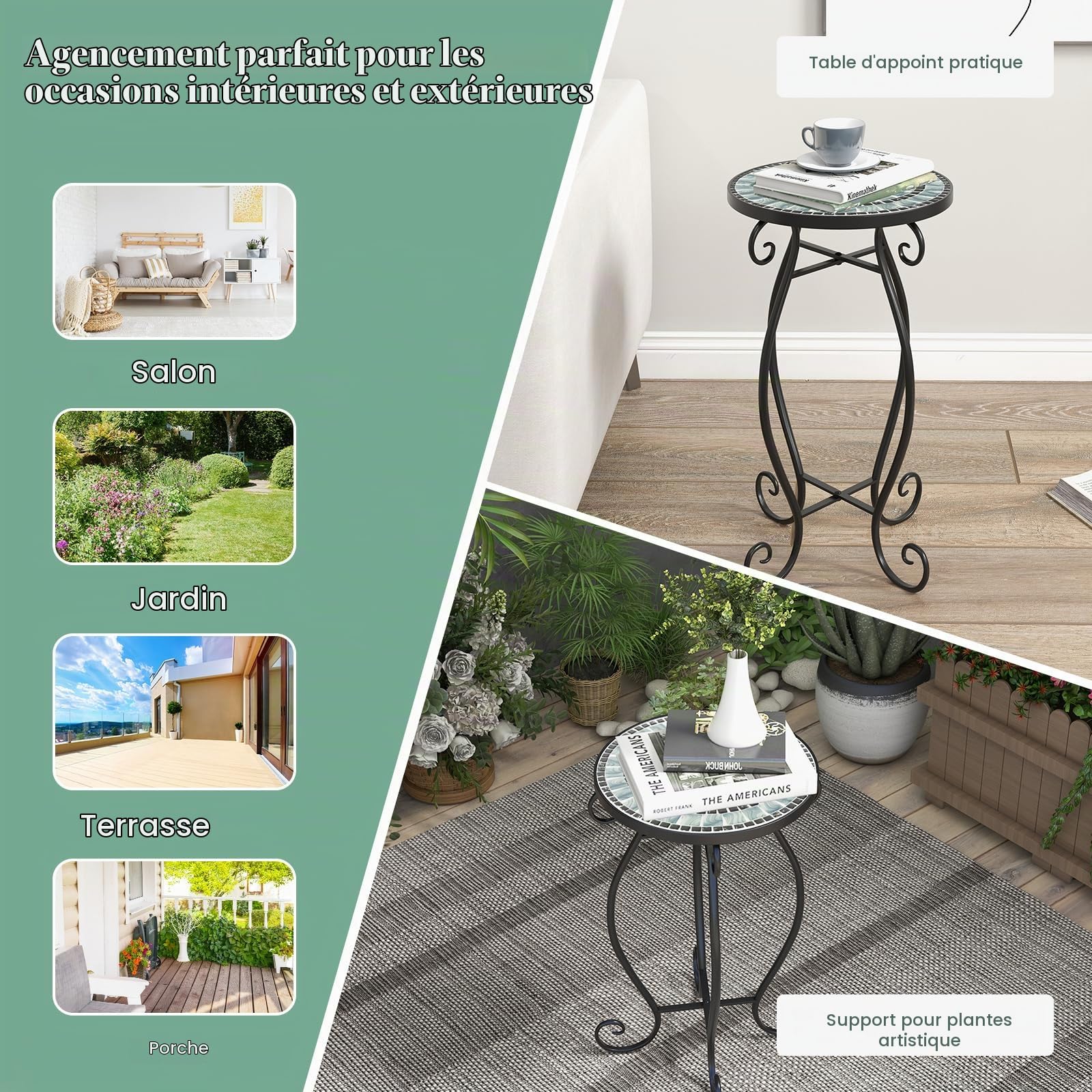 GOPLUS Table d’Appoint en Mosaïque, Table d’Appoint Ronde avec Plateau en Carreaux & Cadre en Métal Robuste, Support pour Plantes, Convient pour Balcon, Terrasse, Jardin, 30X30X50 CM