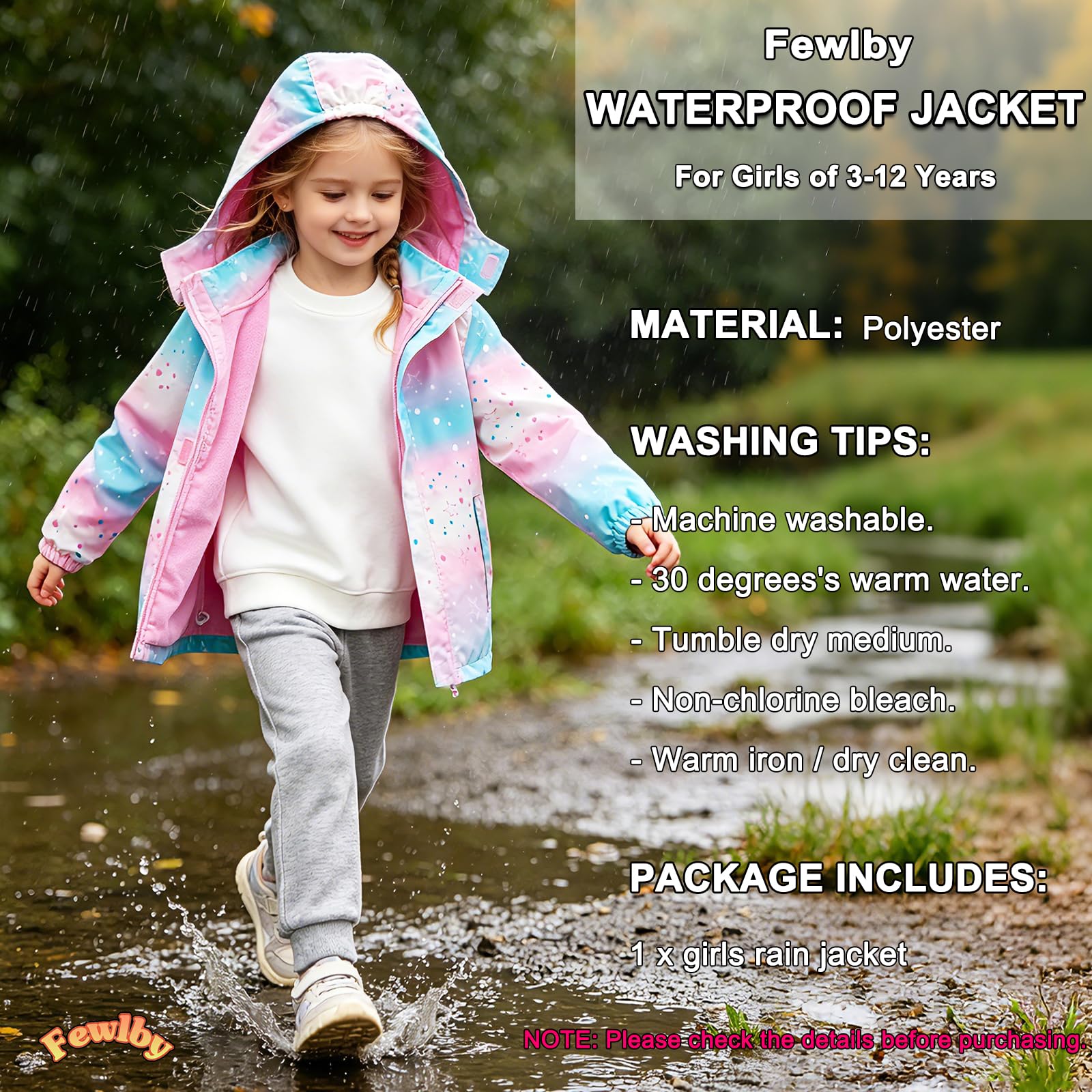 Fewlby Regenjacke Mädchen, Softshelljacke Kinder Regenmantel mit Kapuze Windbreaker Wasserdichte Jacke Leichte Übergangsjacke, 9-10 Jahre