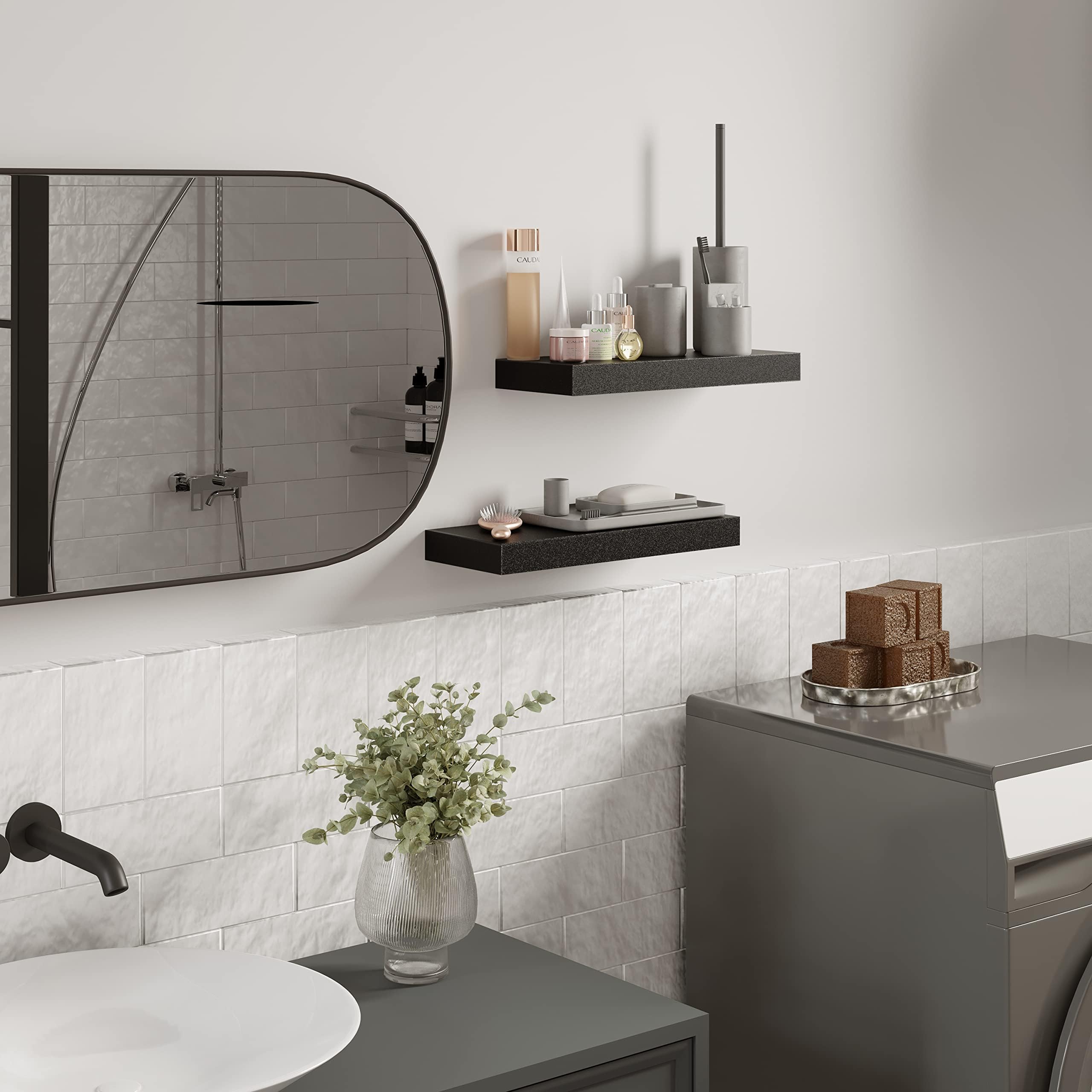 BAMEOS Lot de 2 étagères murales flottantes en Bois Noir avec Supports Invisibles pour Chambre à Coucher, Salle de Bain, Salon et Cuisine