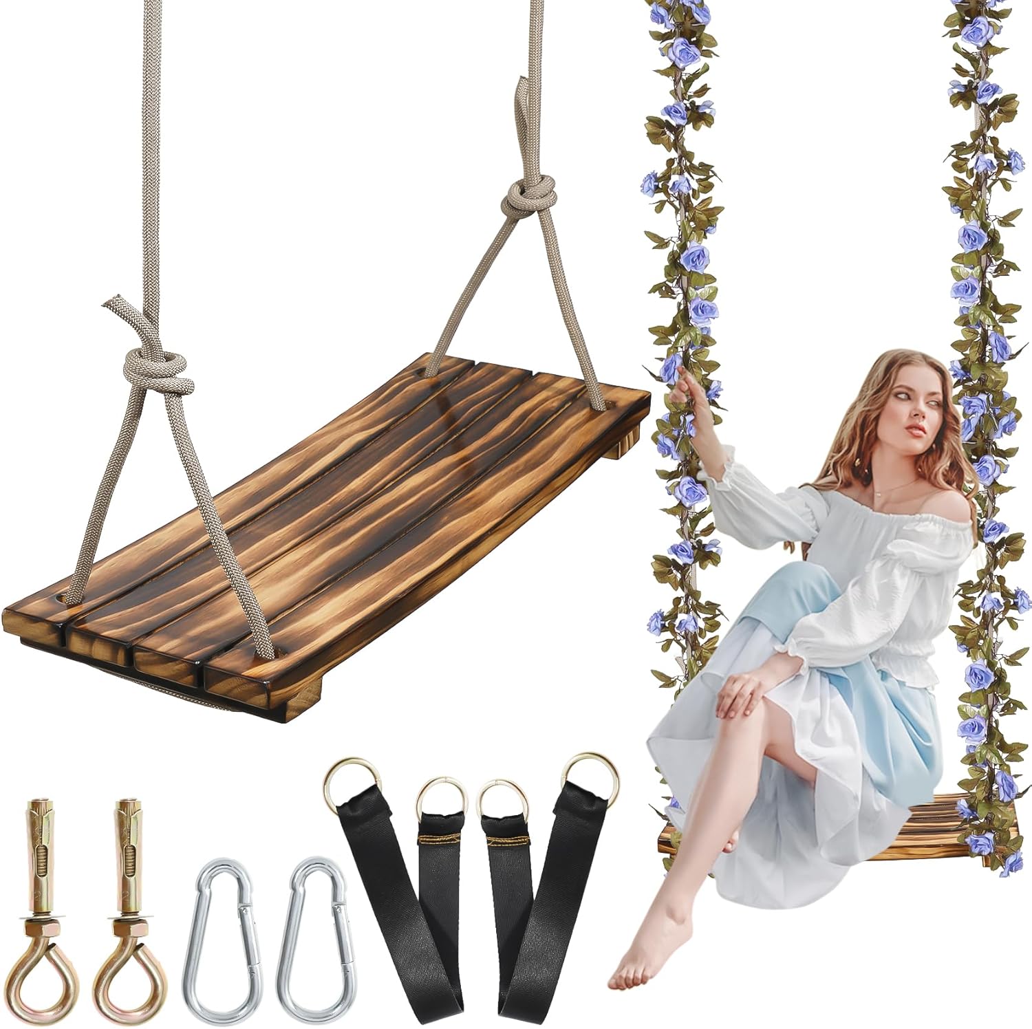 Photo 1 of 2025 Upgraded Large Wooden Swing Seat, 24"x 9.8", Hanging Tree Swing for Adults & Kids, 500lbs Load, Adjustable Nylon Rope & Tree Straps, Indoor/Outdoor Swings with Purple Floral Garland
