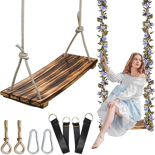 2025 Upgraded Large Wooden Swing Seat, 24"x 9.8", Hanging Tree Swing for Adults & Kids, 500lbs Load, Adjustable Nylon Rope & Tree Straps, Indoor/Outdoor Swings with Purple Floral Garland
