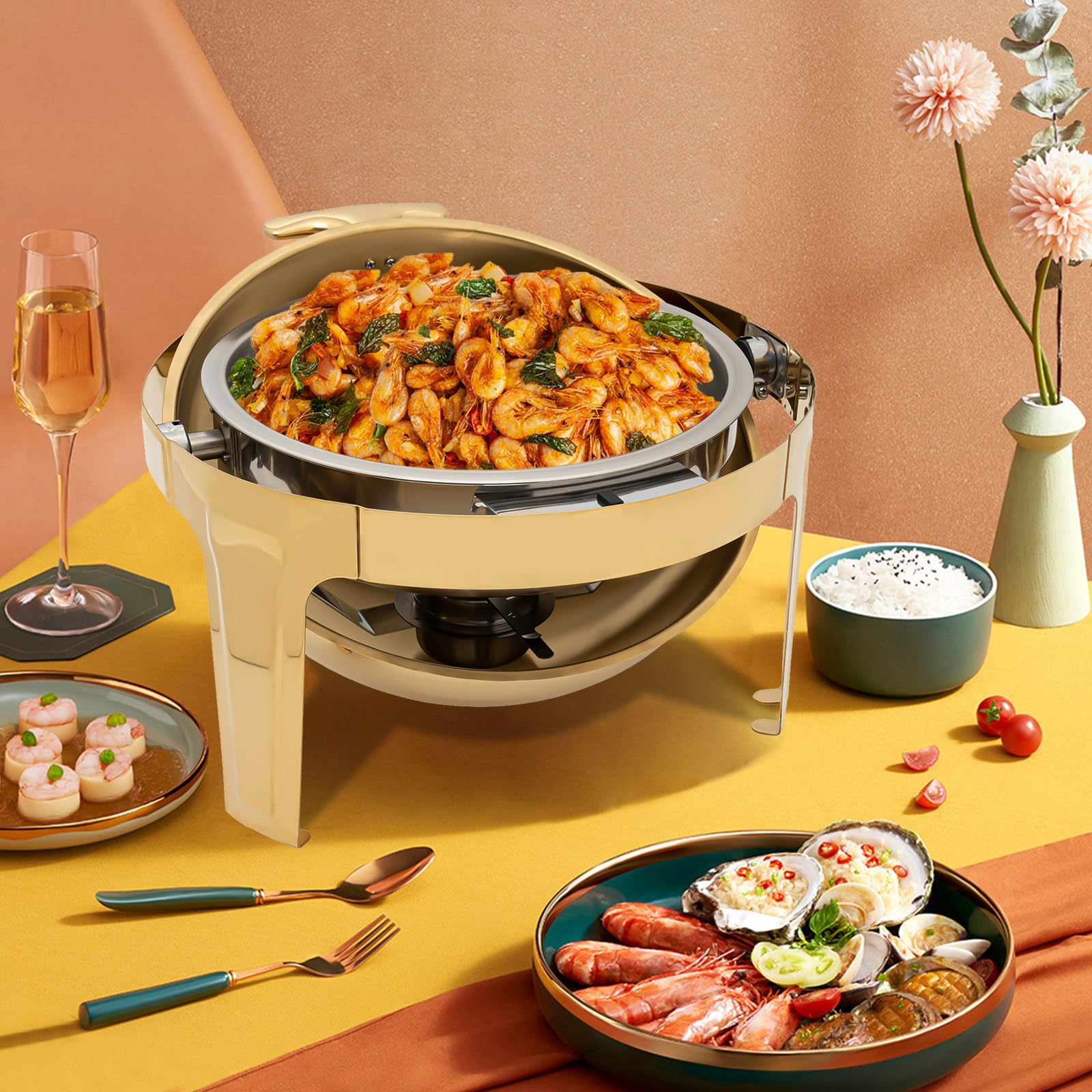 Chafing Dishes Set per buffet con top arrotolabile, oro, scaldavivande rotonde, in acciaio inox, set da buffet, coperchio a vista, per catering, eventi, feste, matrimoni