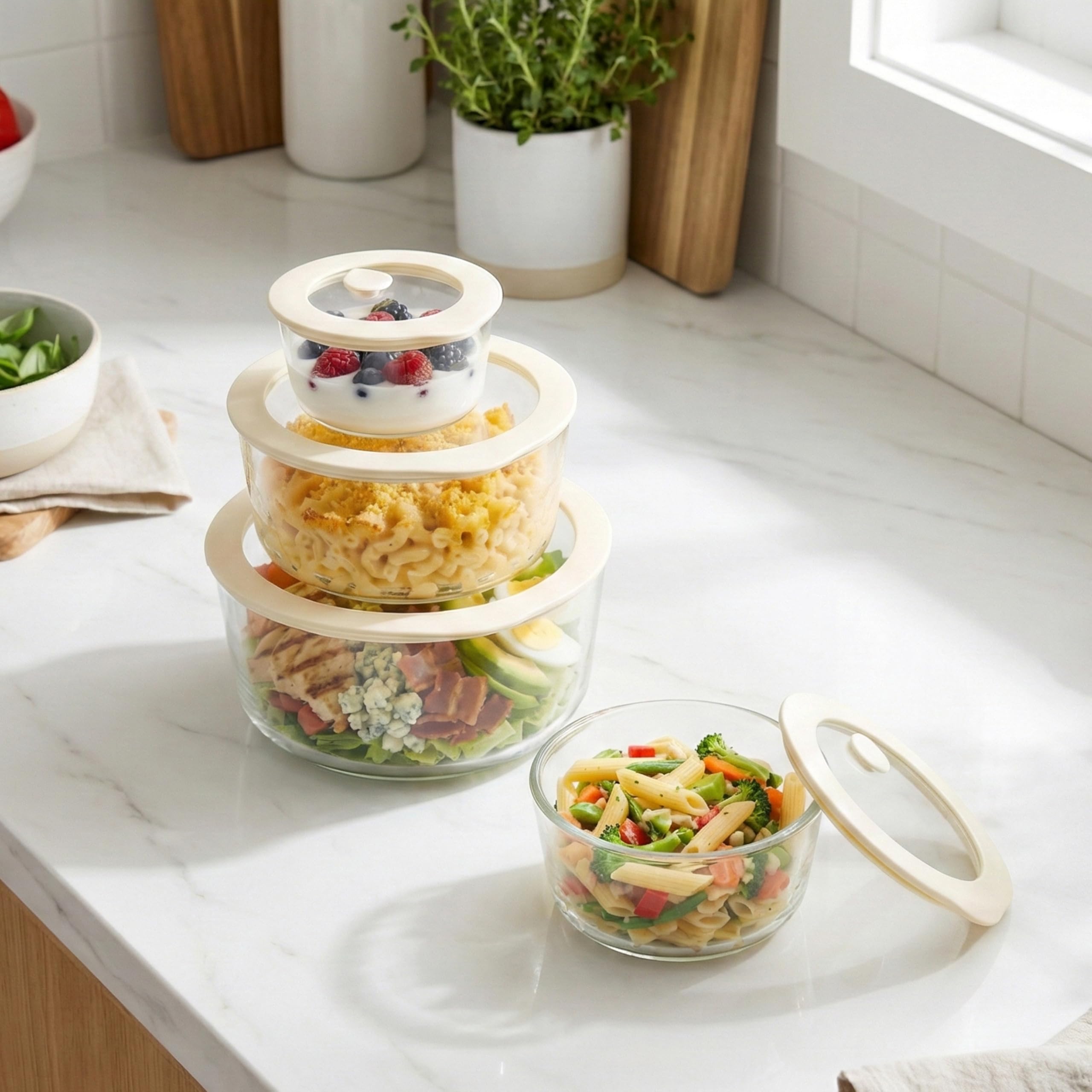 Urban Green Glas-Lebensmittelbehälter-Set mit Glasdeckel, 4 Stück, Meal Prep Container mit Silikonrahmen, luftdichter Deckel, auslaufsicher, 100% plastikfrei