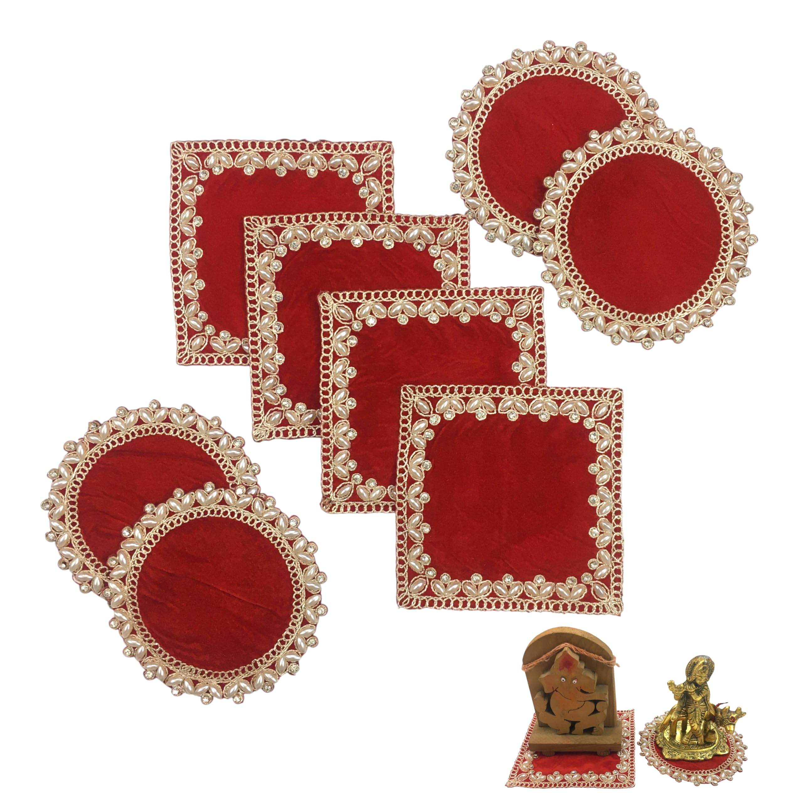 Red Velvet Pooja Aasan Set, Decorative Chowki Cloth, 4x4 Inch Round & Square Aasan for God Idol, Mandir & Festival Decoration-image-38