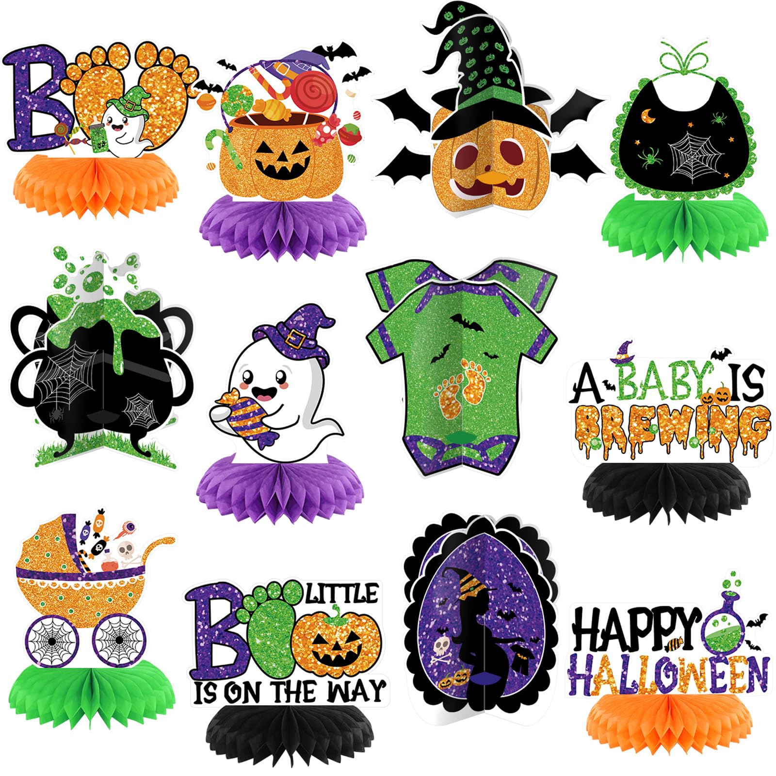 12 Pcs Halloween Baby Shower Centerpieces - A Baby Is Brewing Honeycomb Decorations For Gender Reveal