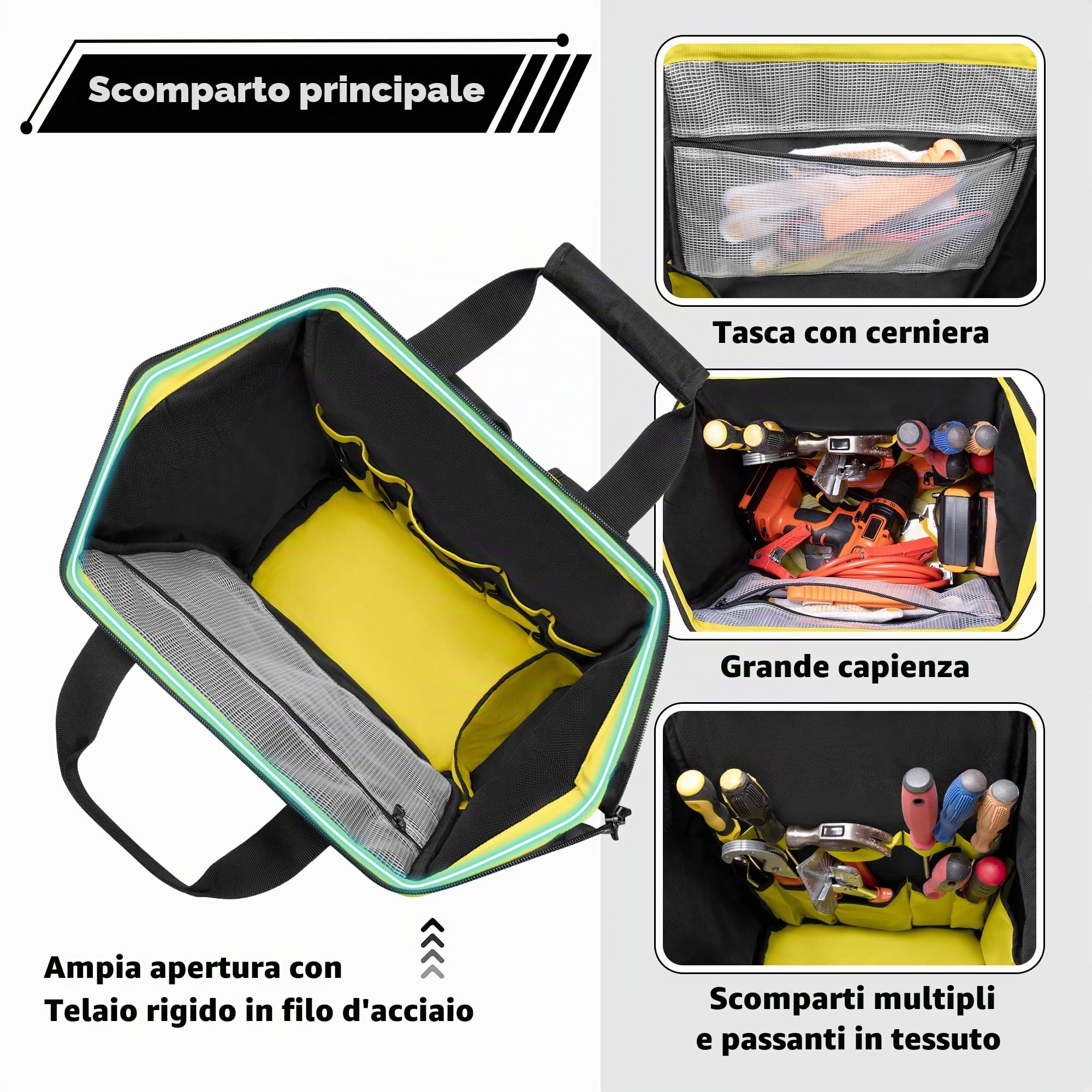 Rexmica Zaino Portautensili con Tasca e Area Attrazione Magnetica | Porta Attrezzi Resistente con Apertura a Telaio Metallico, Borsa da Lavoro Tattica per Elettricisti/Riparatori/Tecnici HVAC