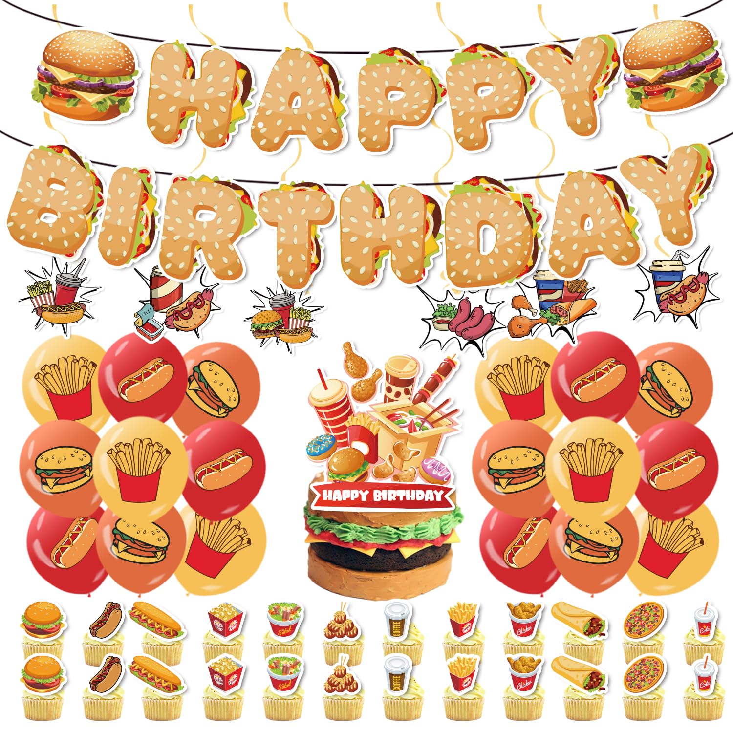 Hamburger Birthday Decoration Set, Cute Food Happy Birthday Banner, Party Supplies with Banner, Hanging Swirl, Balloon, Cake Topper, Cupcake Topper