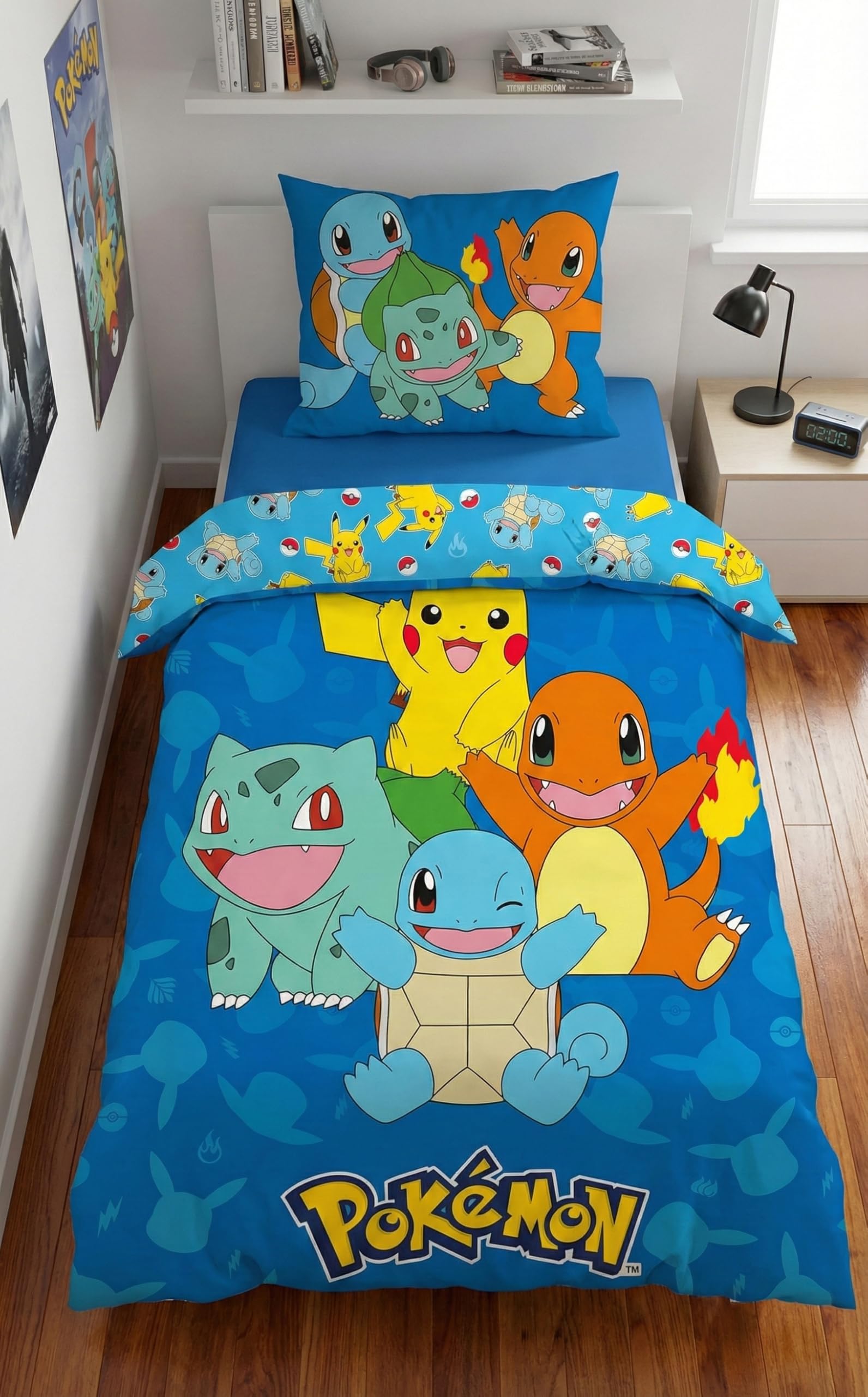 Pokémon Kids Single Duvet Cover 135x200 + Pillowcase Microfibre | Reversible bedding | Single bed | Microfibre Oeko-Tex | Quick drying | Pikachu Charmander Squirtle | Official licence-image-25
