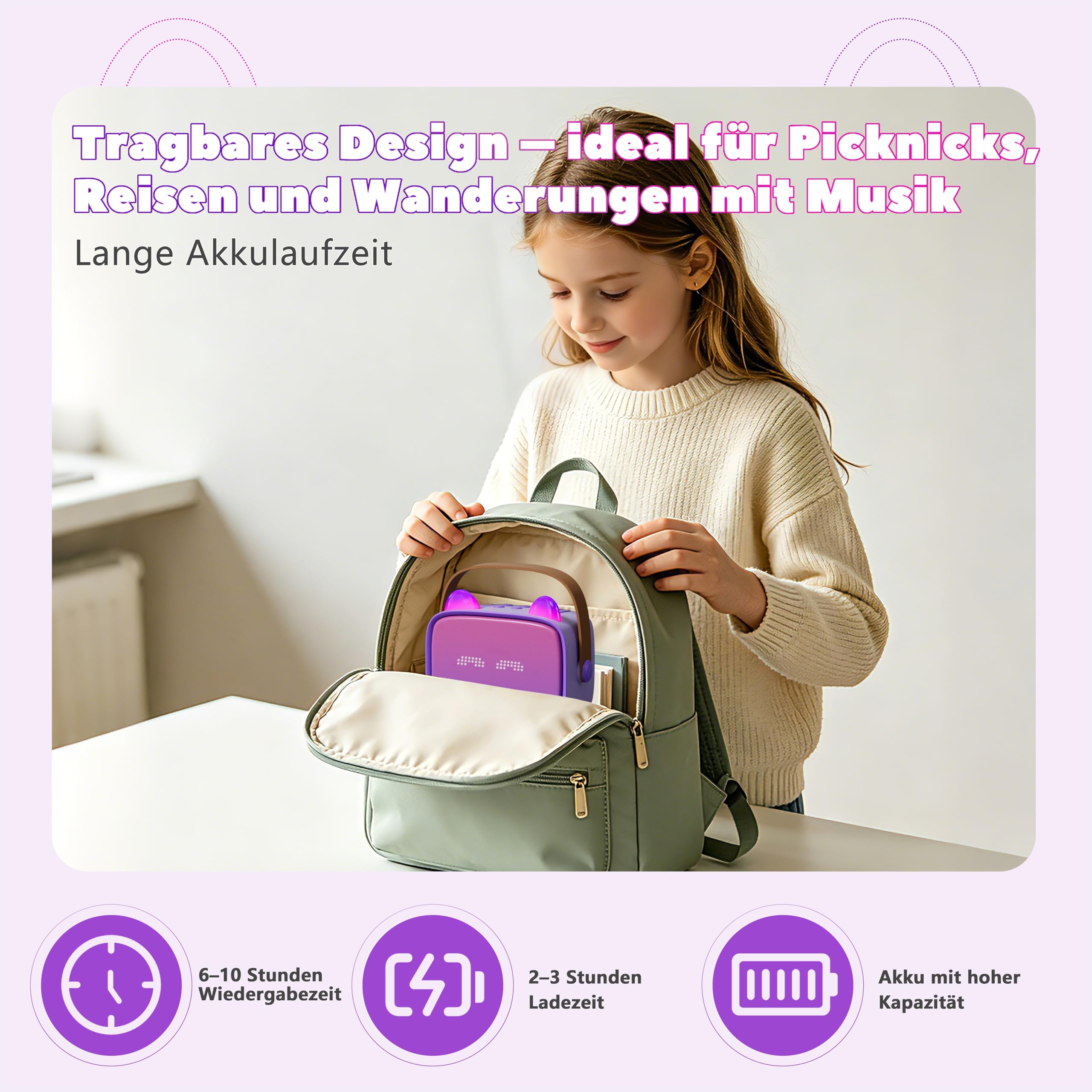 Karaoke Maschine für Kinder mit 2 Kabellosen Mikrofonen, Bluetooth Lautsprecher mit LED Licht, Emoji Display, Stimmeffekten, Handyhalter, Geschenk für Mädchen Jungen, Lila