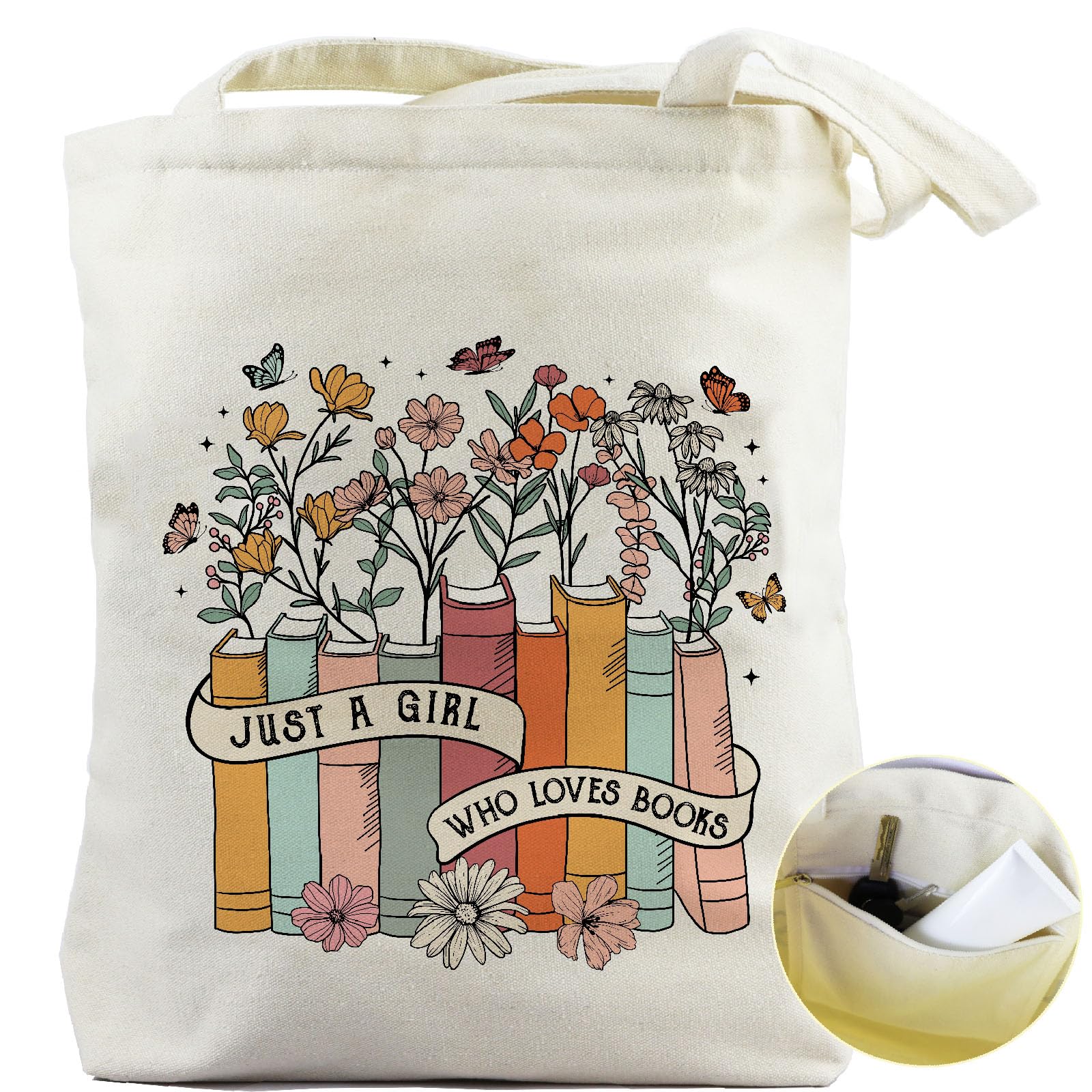 Xasopffe Aesthetic Canvas Tote Bag with Inner Pocket, Cute Reusable Tote Bags for Grocery Shopping, Gifts for Women Friends