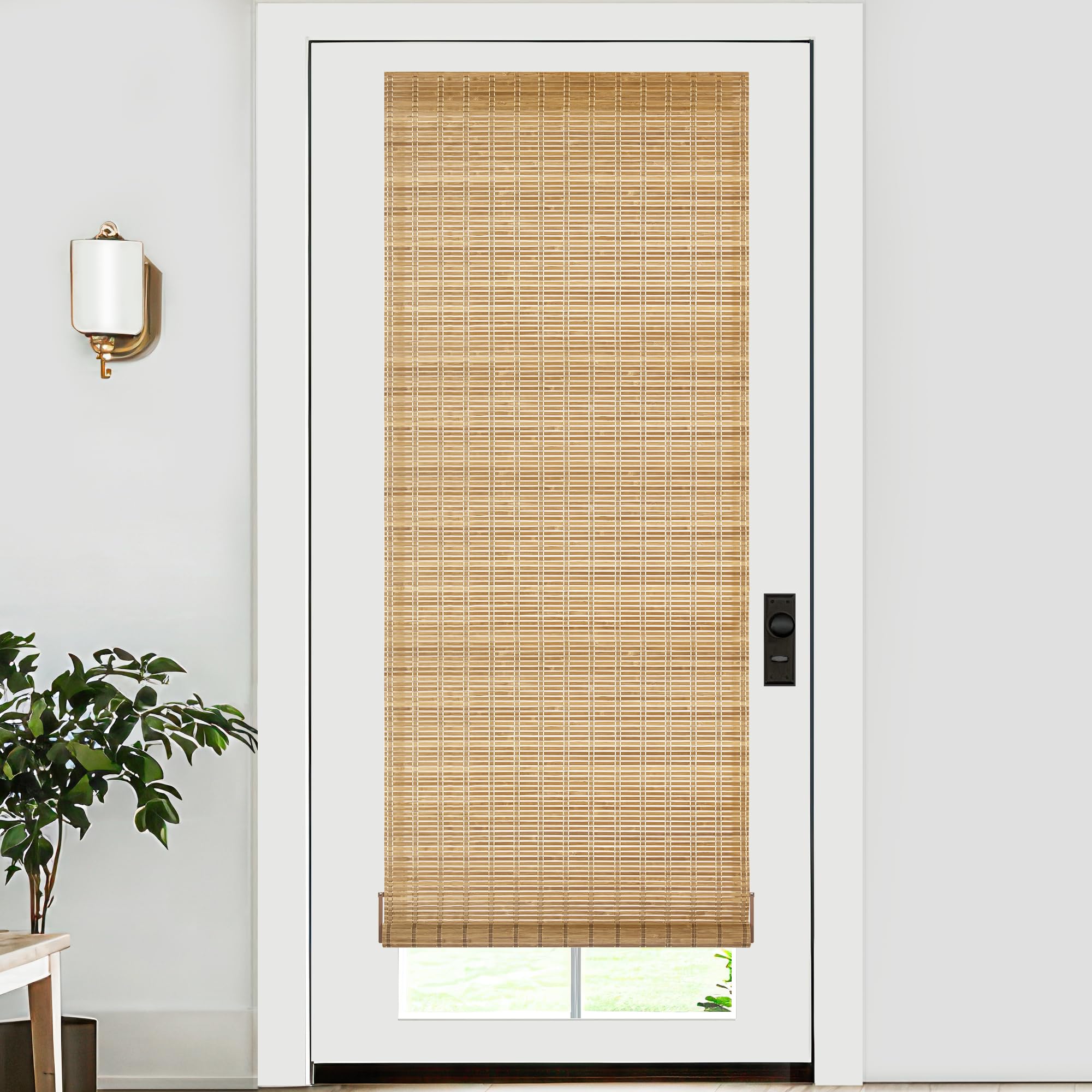LazBlinds No Tools No Drill Bamboo Roller Shades, Cordless Bamboo Blinds, Light Filtering Roll Up Blinds for Windows, French Door, Porch or Patio Privacy Screen, 26'' W x 70'' H, Brown206